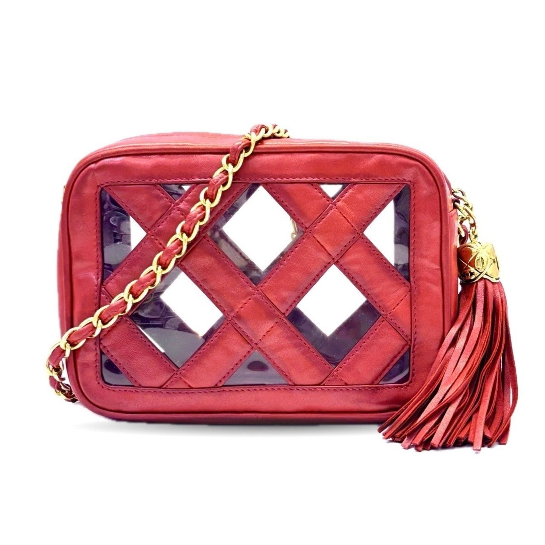 CHANEL Chain Shoulder Bag in Red Lambskin with Tassel