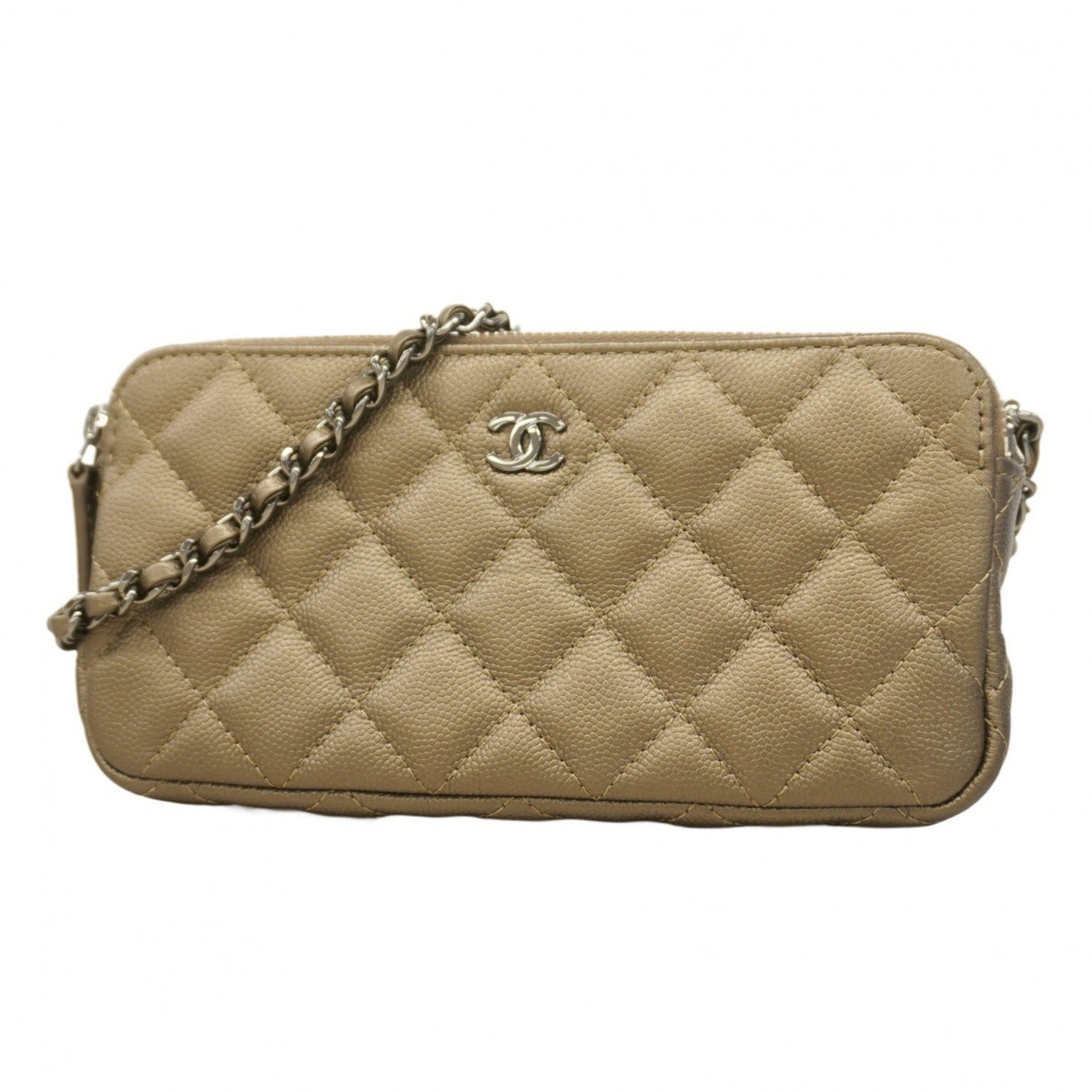 Chanel Matelasse Shoulder Wallet with Chain Bag in Caviar Leather and Metallic Khaki