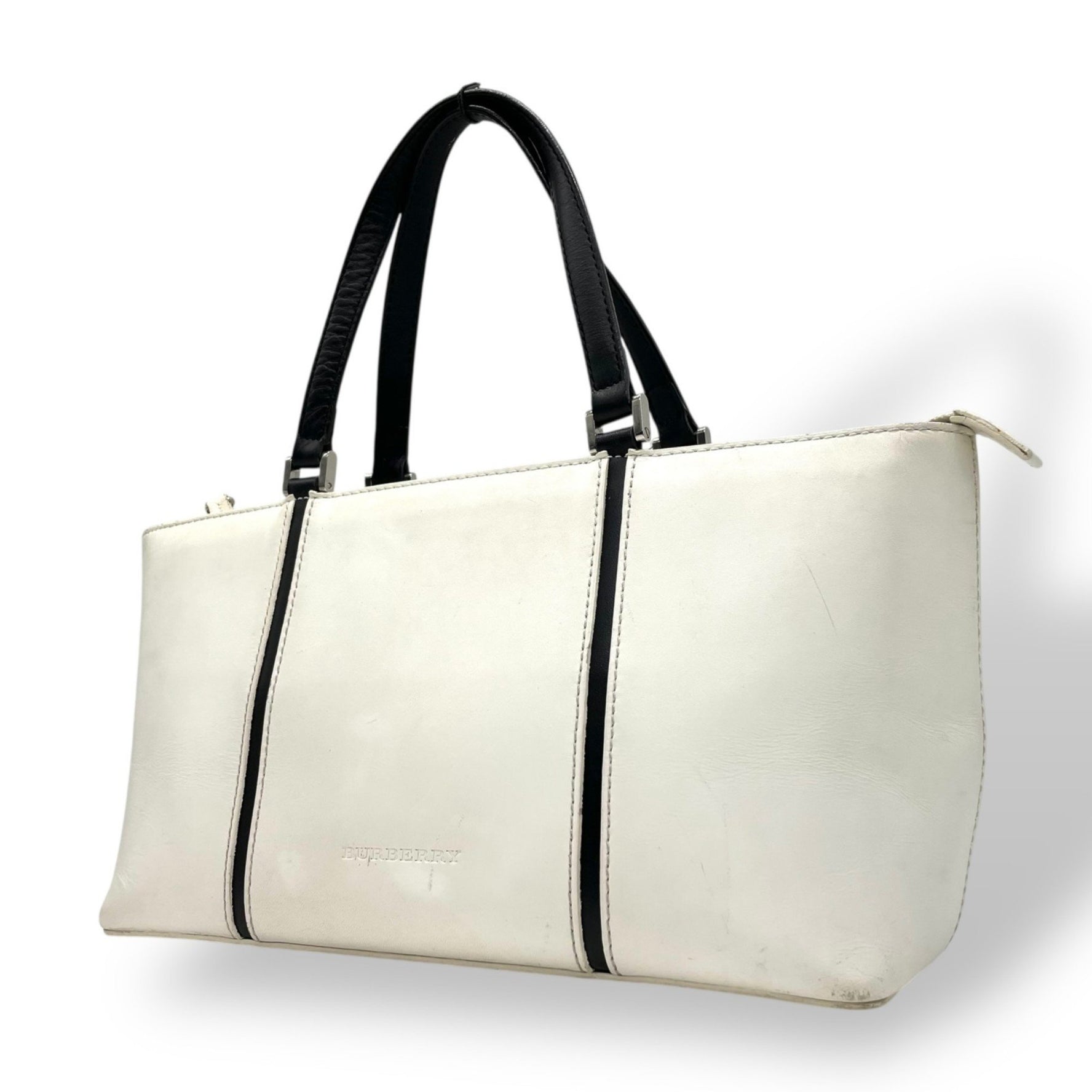 BURBERRY Handbag in White and Black Leather with Silver Hardware, Logo, Horizontal, Nova Check