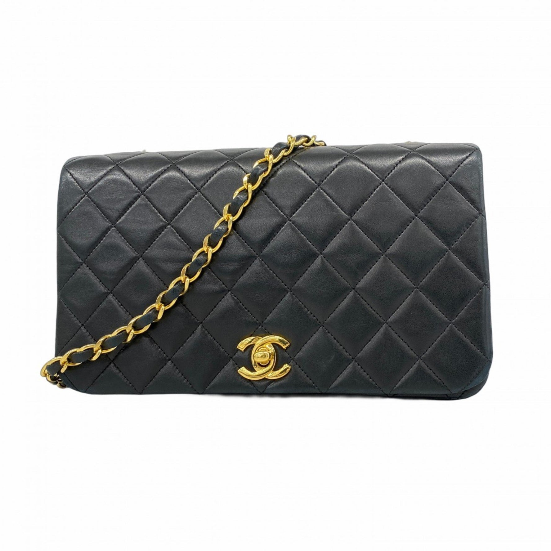 Chanel Matelasse Shoulder Bag with Chain Bag, Lambskin, Black, Women's