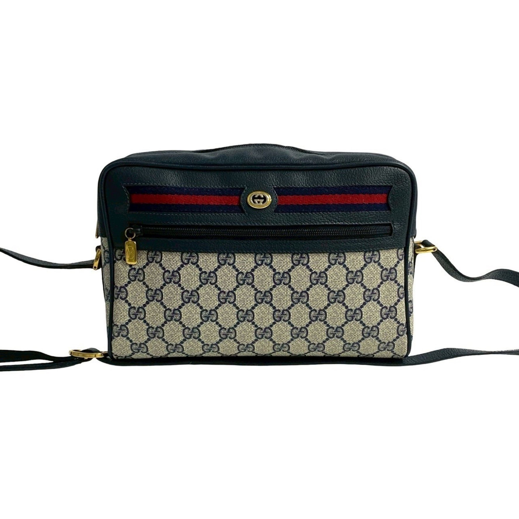 GUCCI Old Gucci Sherry Line GG Logo Pattern Leather Genuine Mini Shoulder Bag Pochette Navy