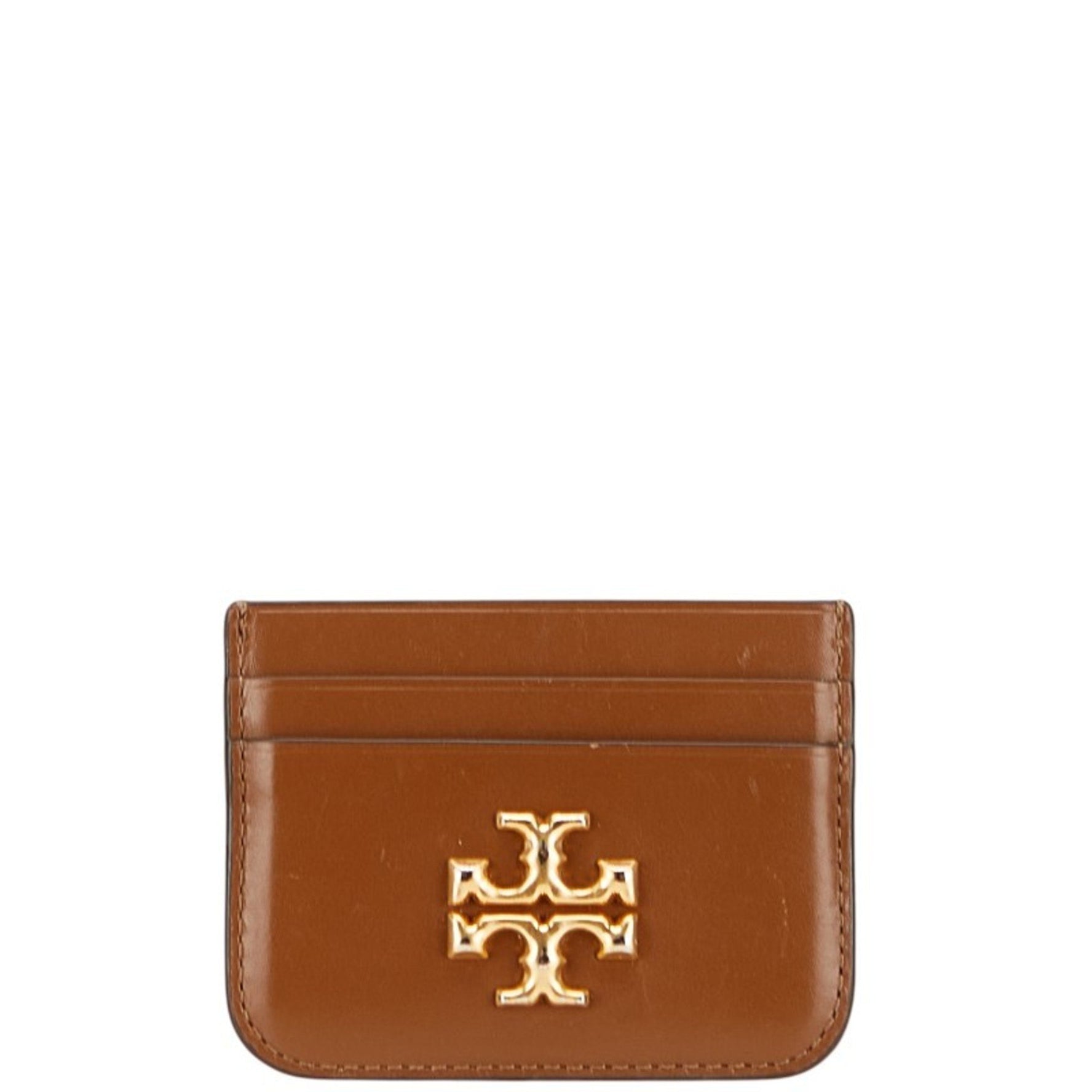 Tory Burch Eleanor Business Card Case, Brown and Gold Leather