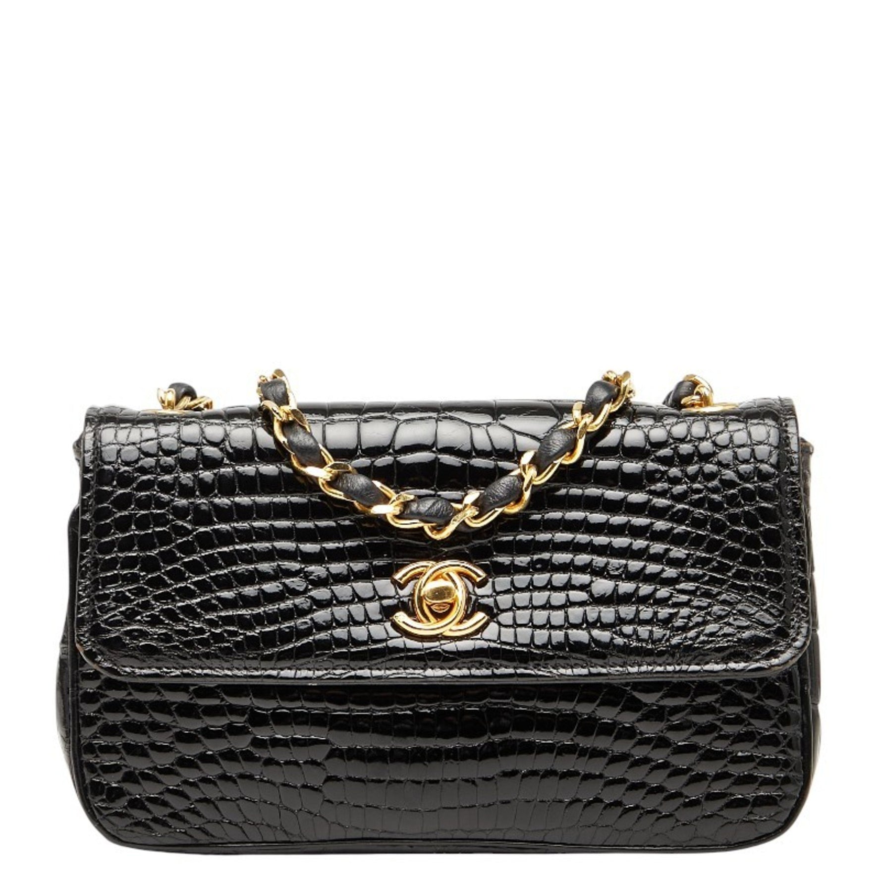 CHANEL Coco Mark Crocodile Embossed Chain Shoulder Bag in Patent Leather