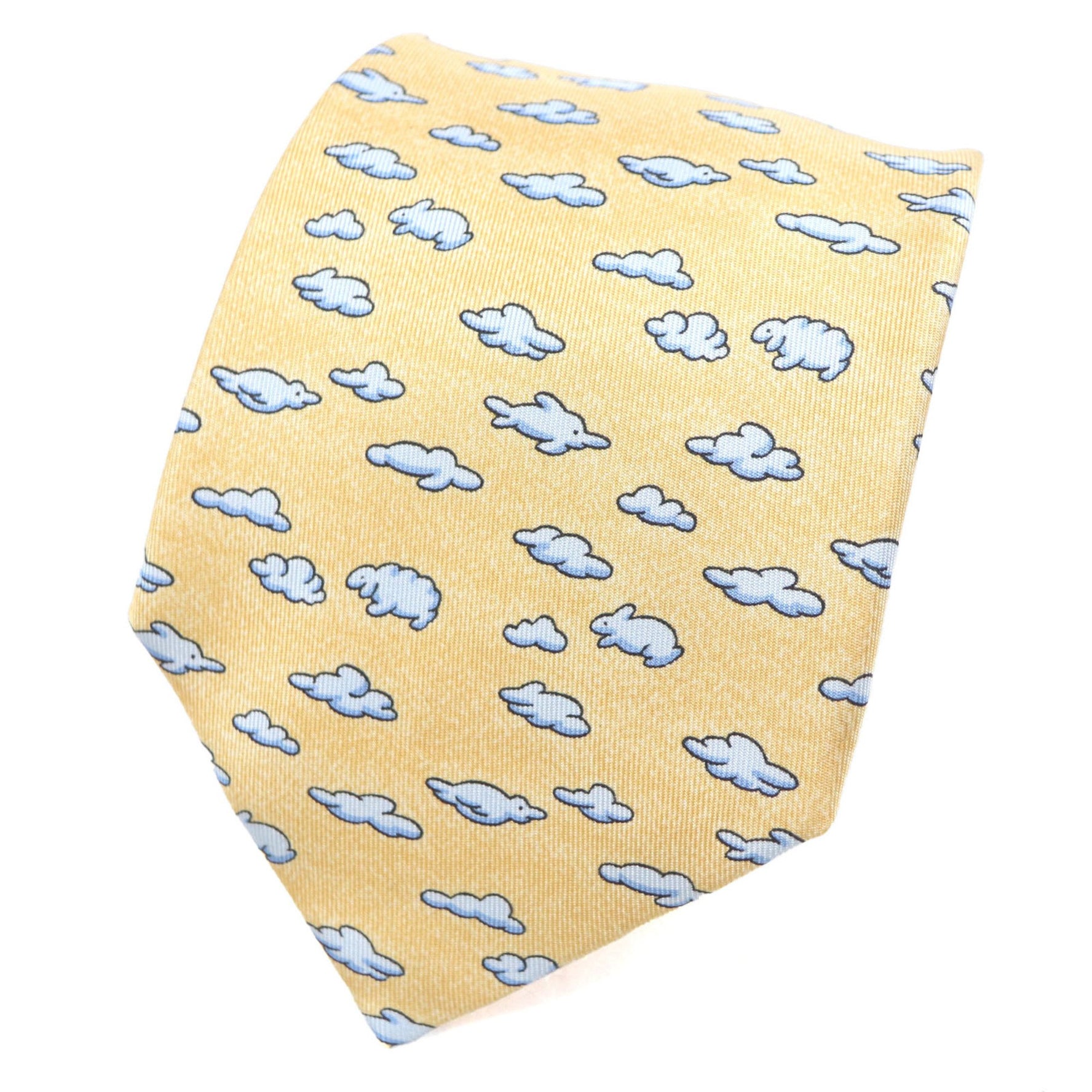 HERMES 100% Silk Necktie with Cloud and Animal Print, Orange Blue, Made in France, Business