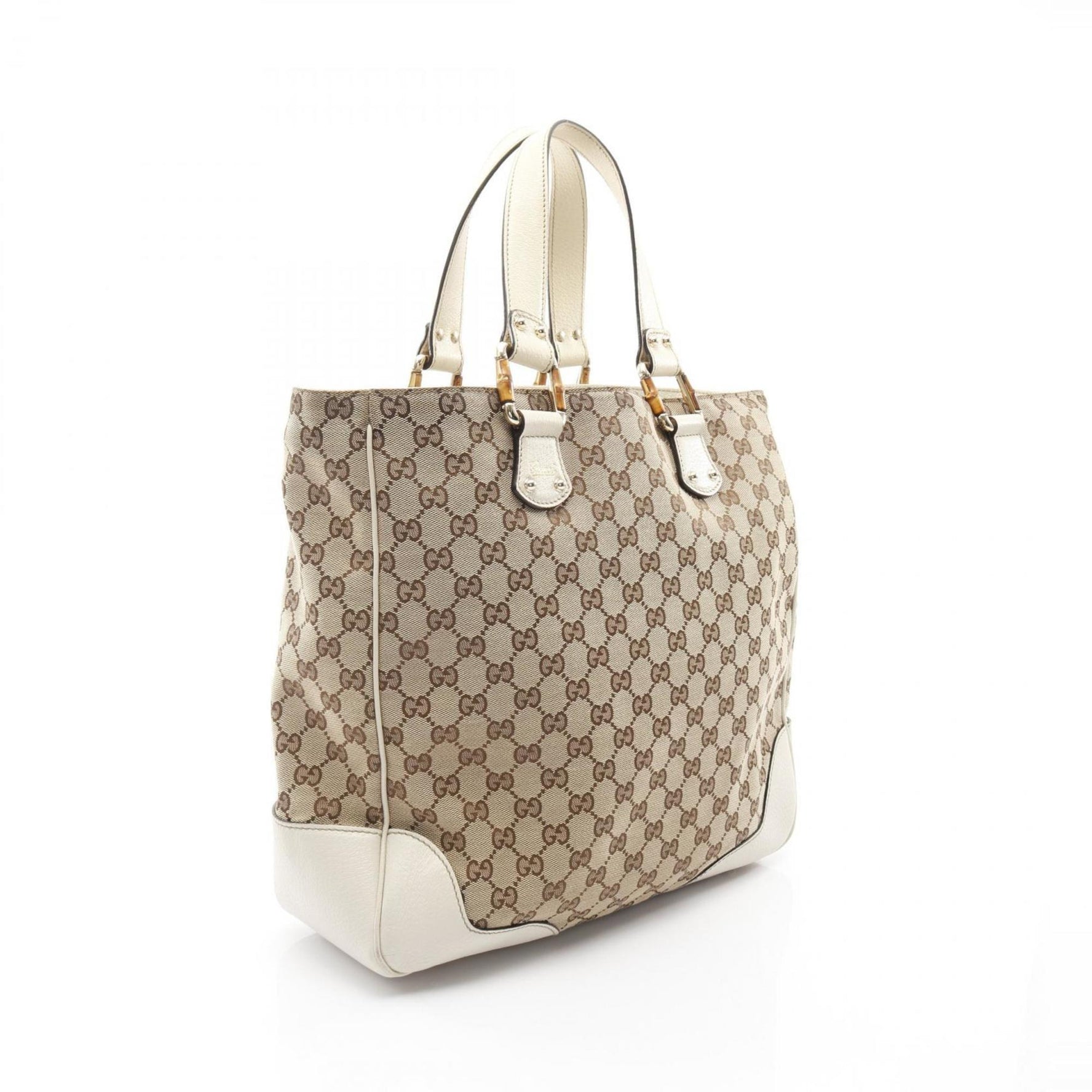 Gucci Bamboo Horsebit GG Canvas Tote Bag, and Leather, Beige White