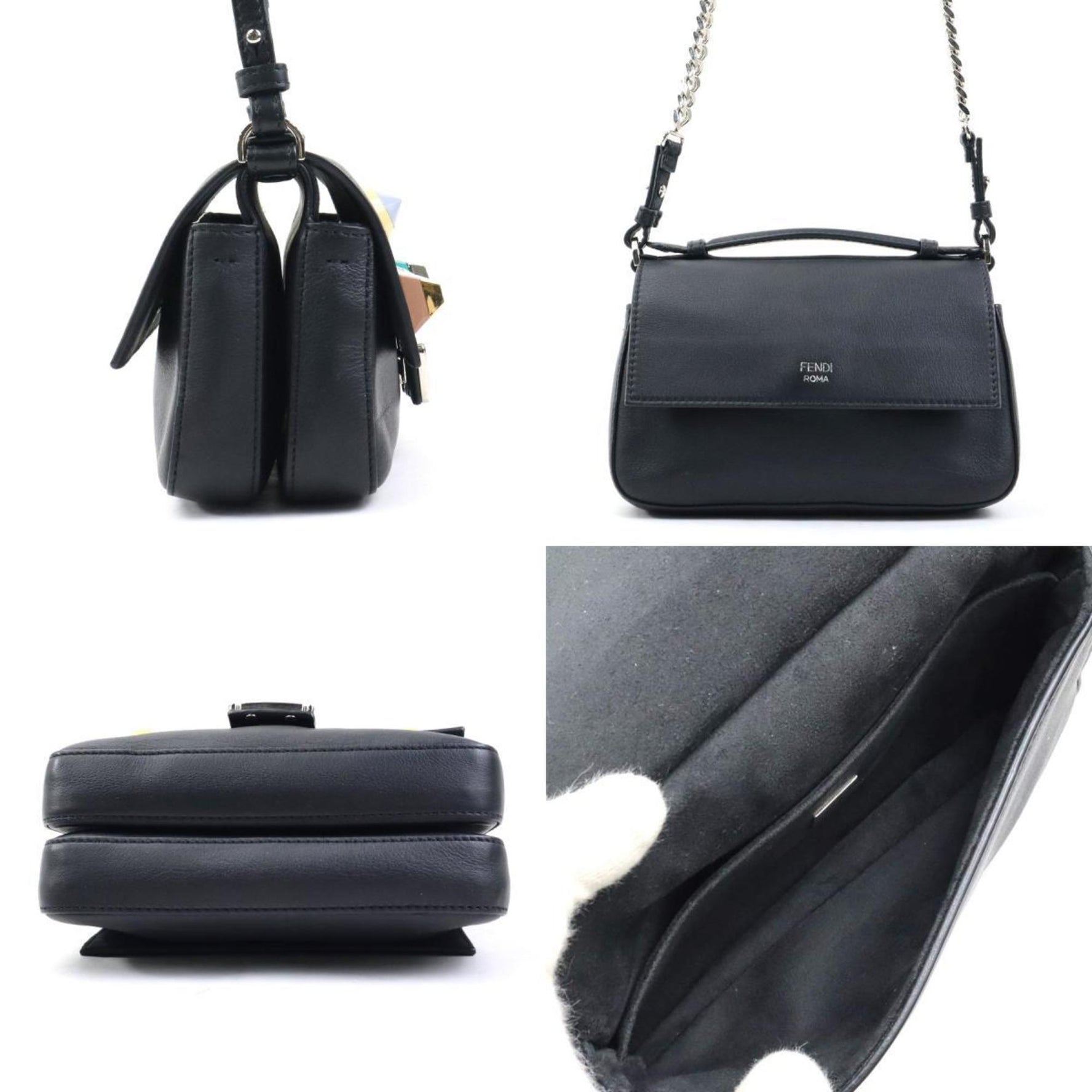 FENDI Handbag Shoulder Bag Double Micro Baguette Leather Black Multicolor Silver