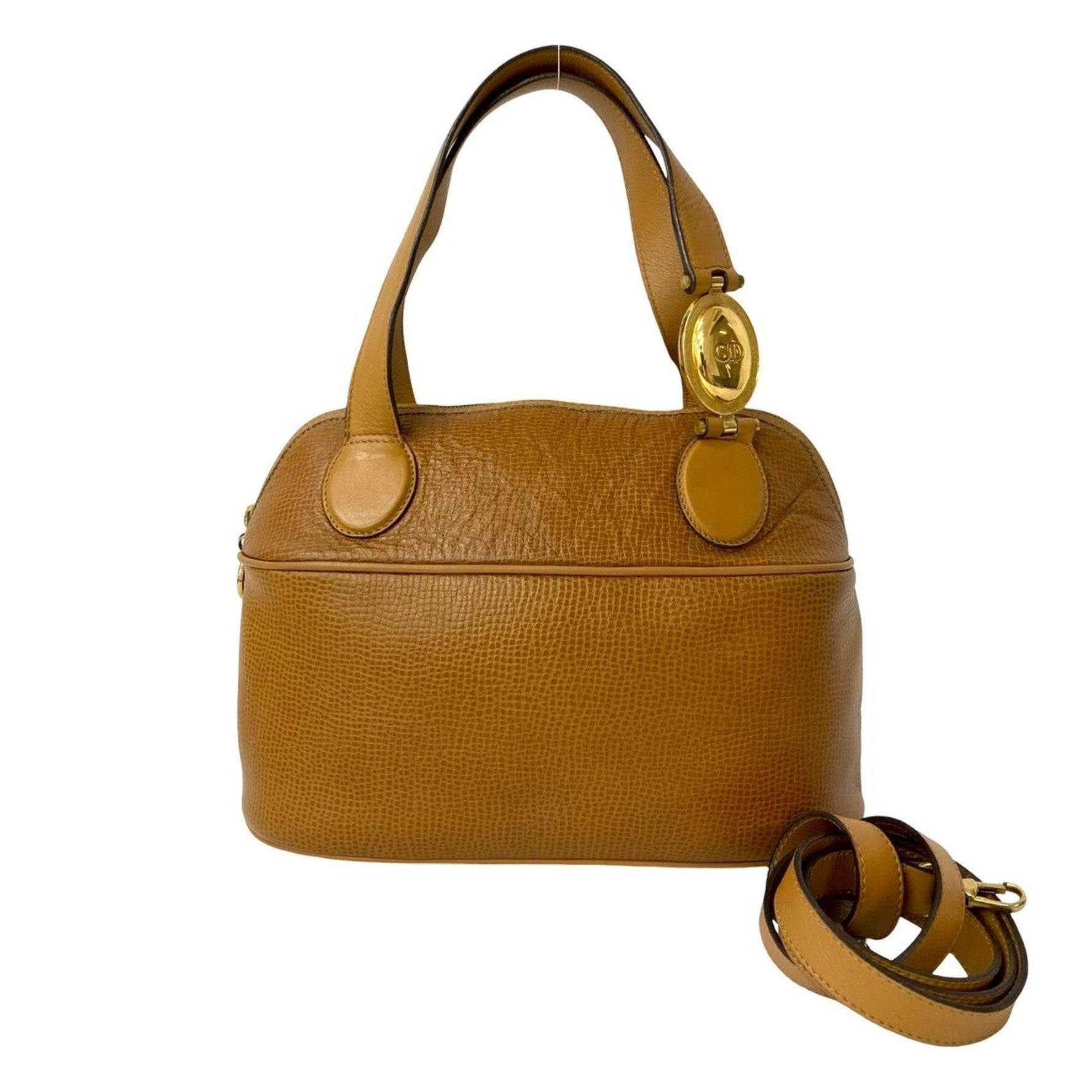 Christian Dior CD logo hardware leather handbag Boston bag shoulder camel