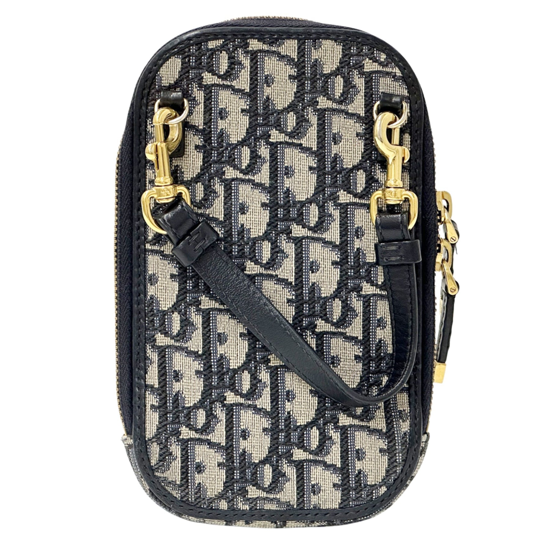 Christian Dior Dior Montaigne Oblique Shoulder Bag with Jacquard and Phone Holder, Navy Beige Trotter, Crossbody Chain.