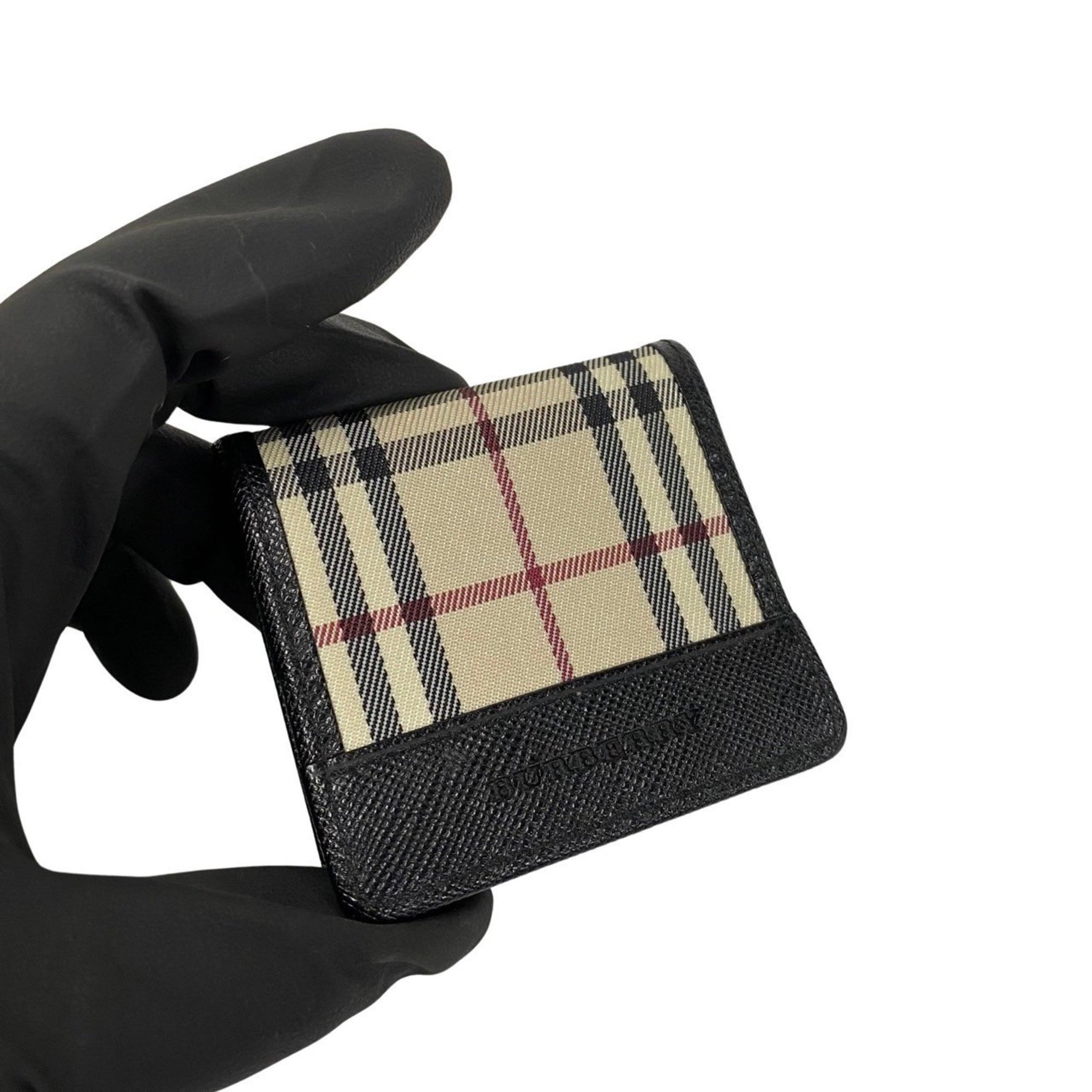 BURBERRY Nova Check Pattern Canvas Leather Coin Case Purse Black Beige 20405