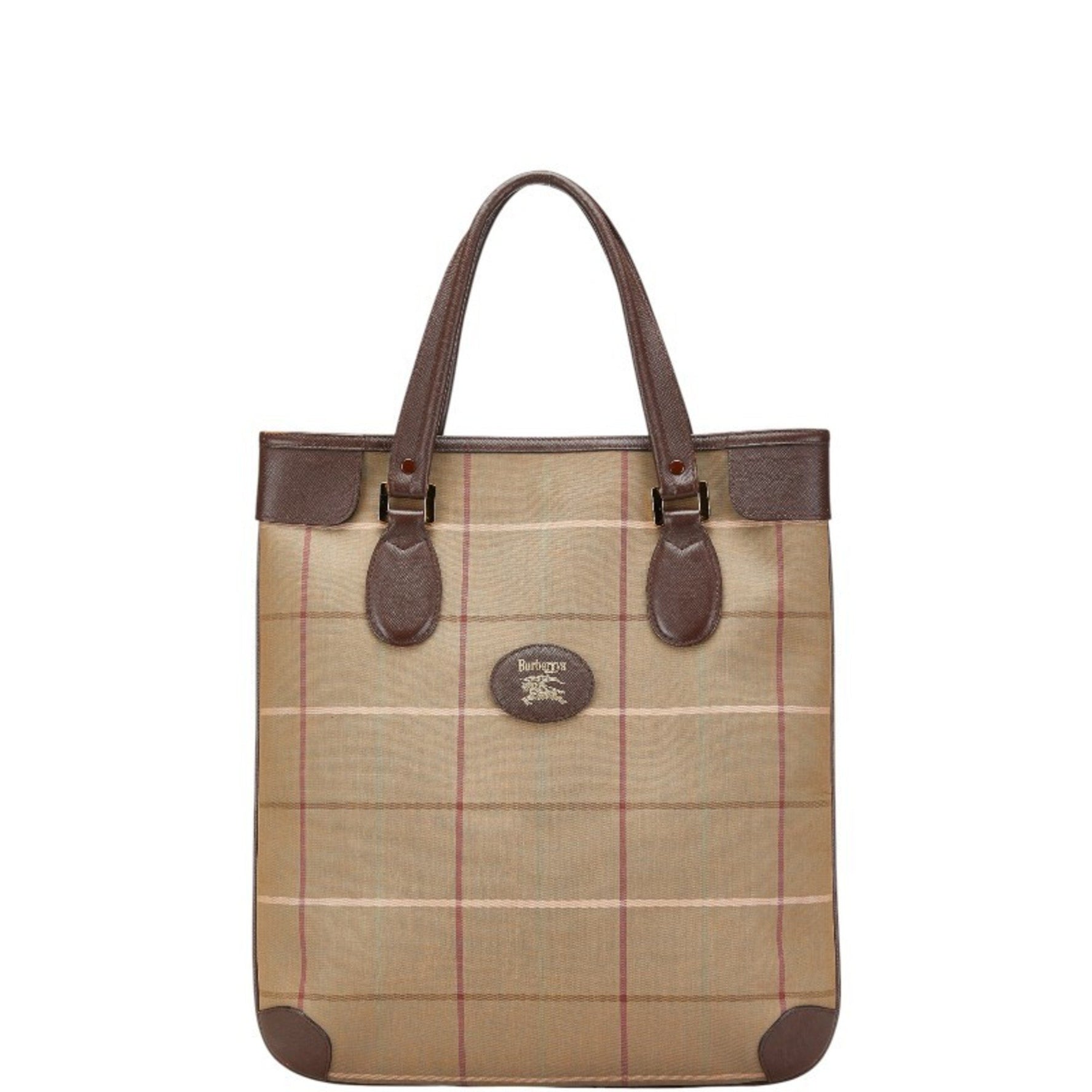 Burberry Check Tote Bag Handbag Khaki Multicolor Canvas Leather