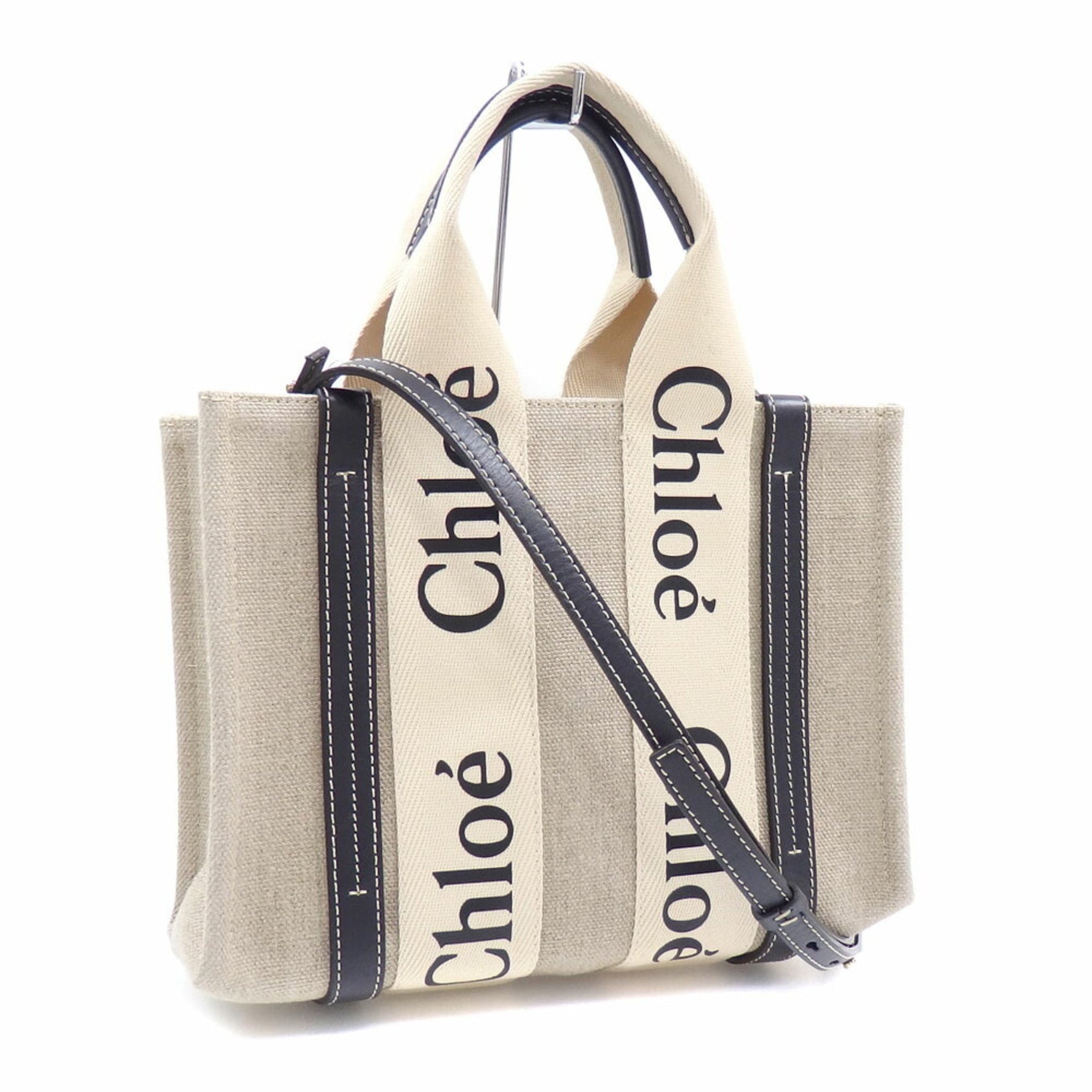 Chloé Woody Small Linen Tote Bag, White/Blue, Canvas with Shiny Calfskin, Hand/Shoulder
