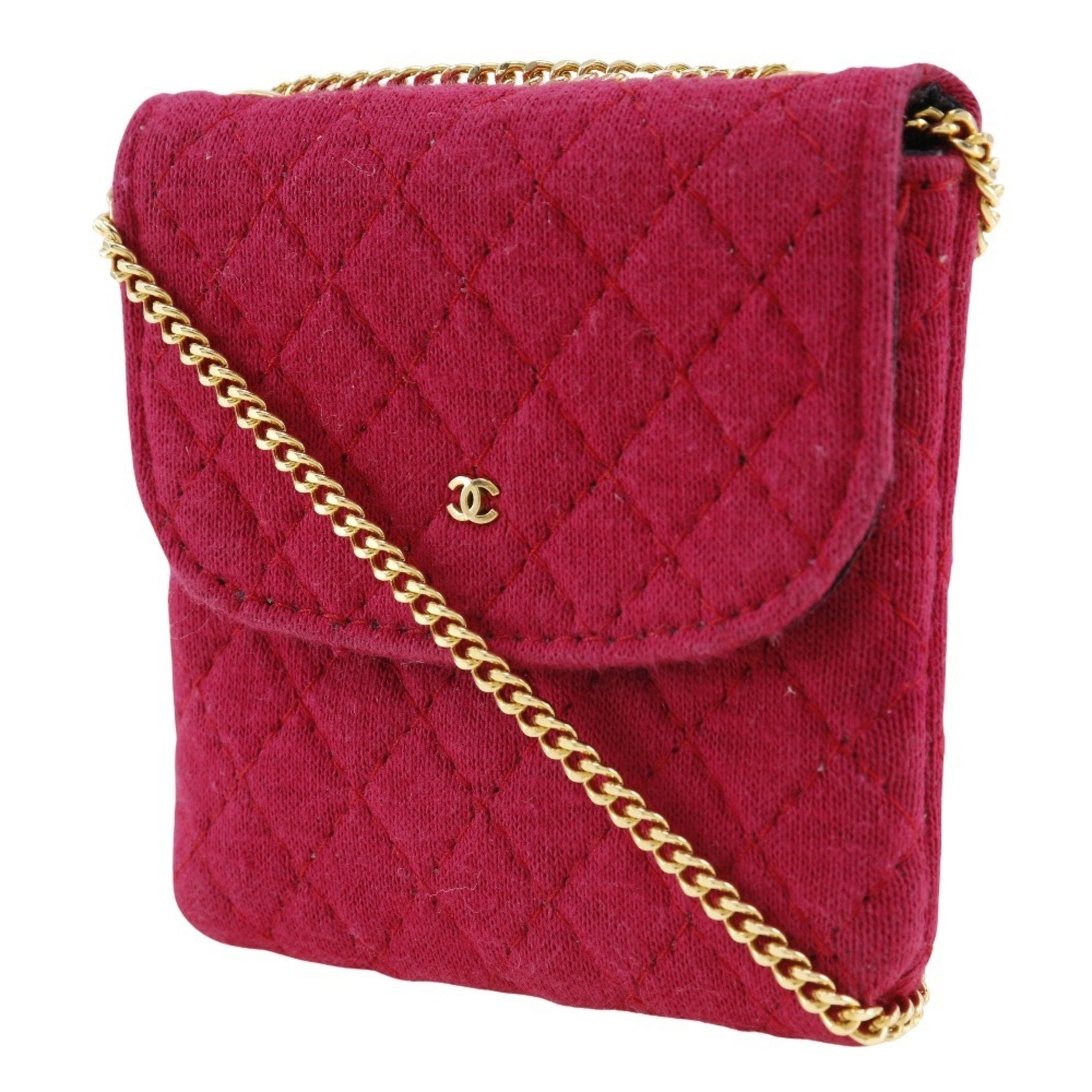CHANEL Chain Pouch Shoulder Bag Micro Cotton Pink Snap Button Women's