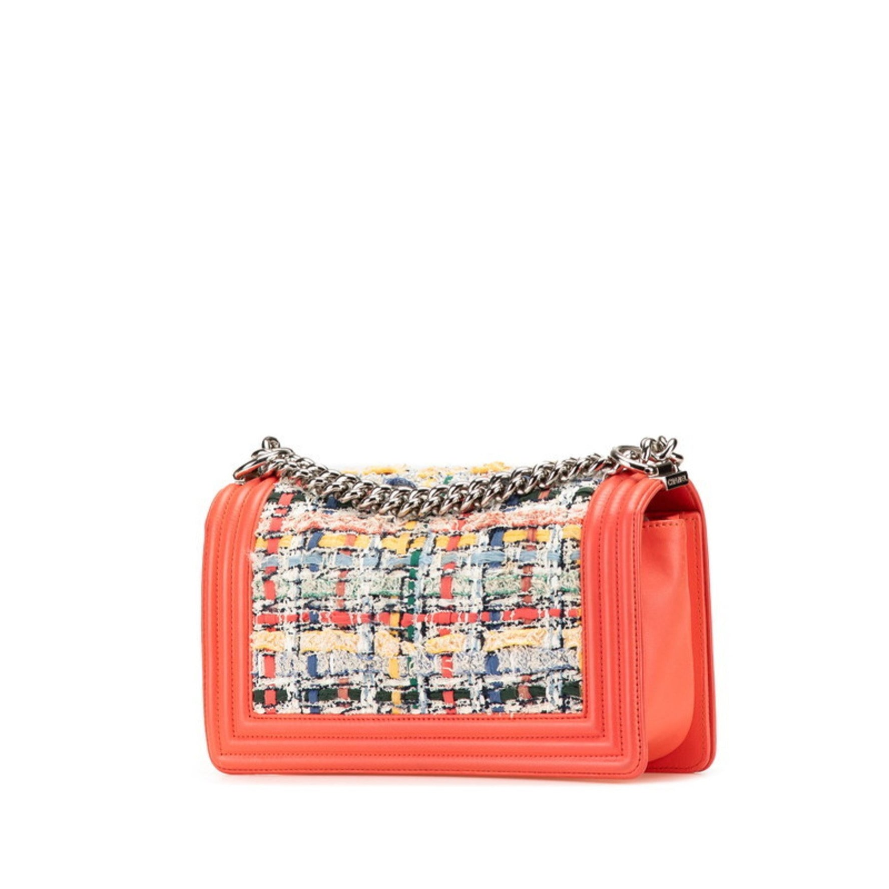 Chanel Coco Mark Boy 25 Shoulder Bag in Orange, Multicolored Tweed and Lambskin