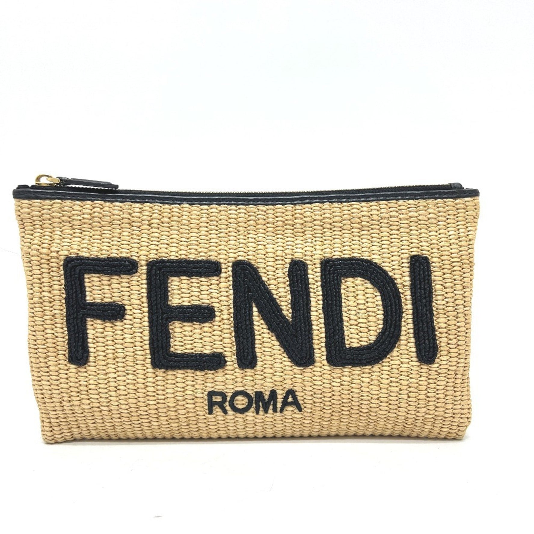 FENDI Straw Logo Bag Pouch Clutch Raffia Leather Men's Beige