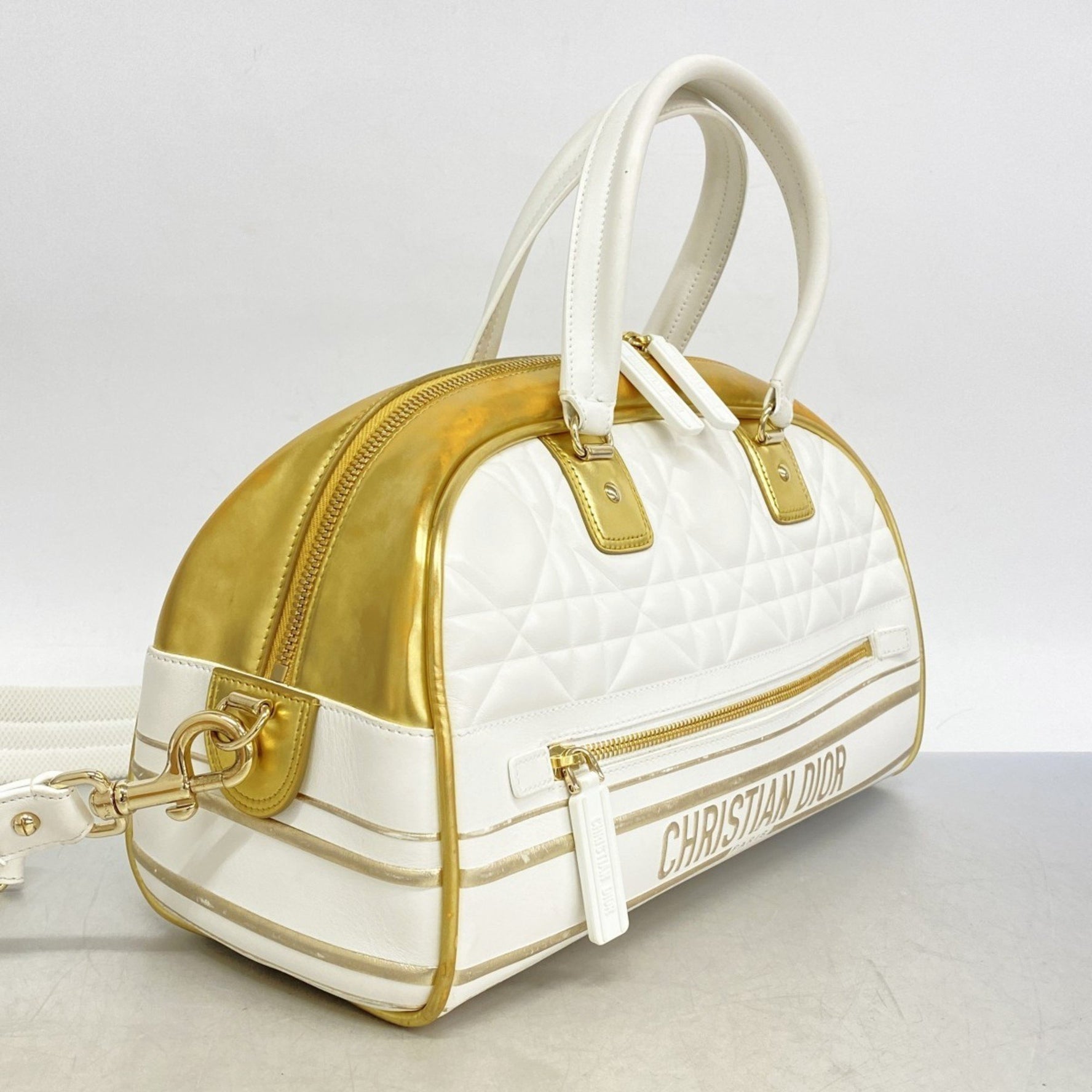 Christian Dior Cannage Bowling Bag in White, Gold, and Champagne Leather for Women