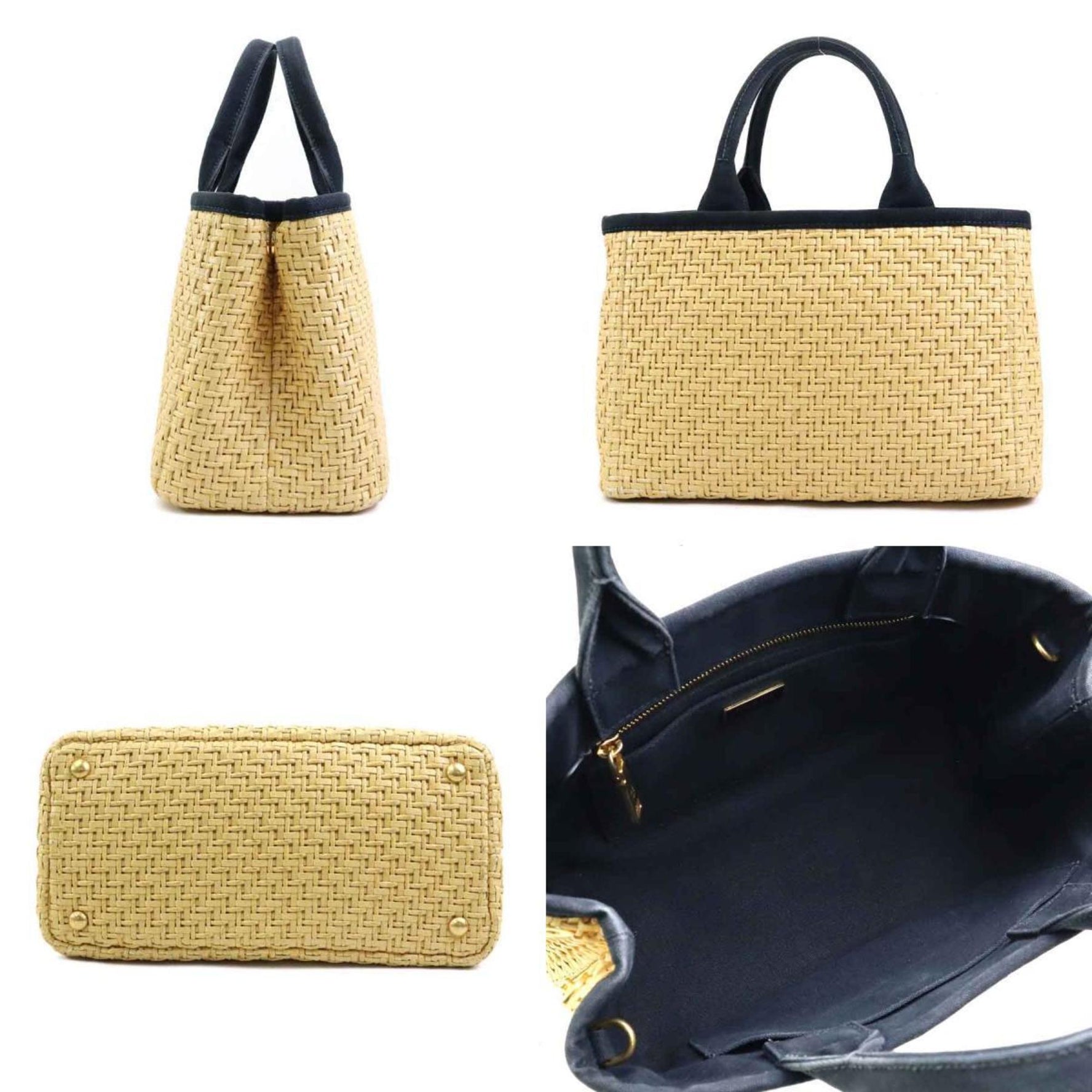 Prada Handbag Shoulder Bag Straw Canvas Beige Black Gold
