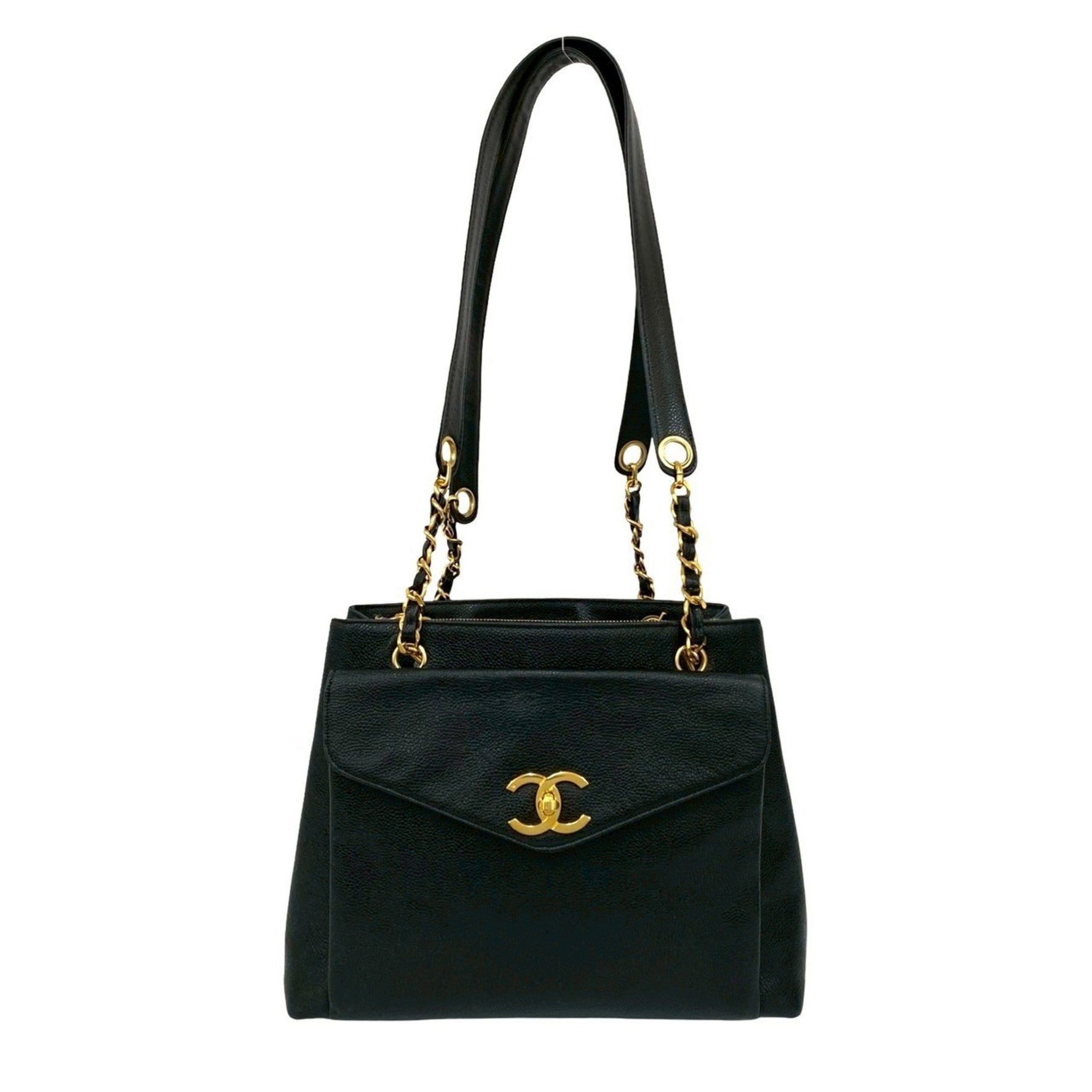 CHANEL Coco Mark Caviar Leather Chain Tote Bag/Semi Shoulder Bag
