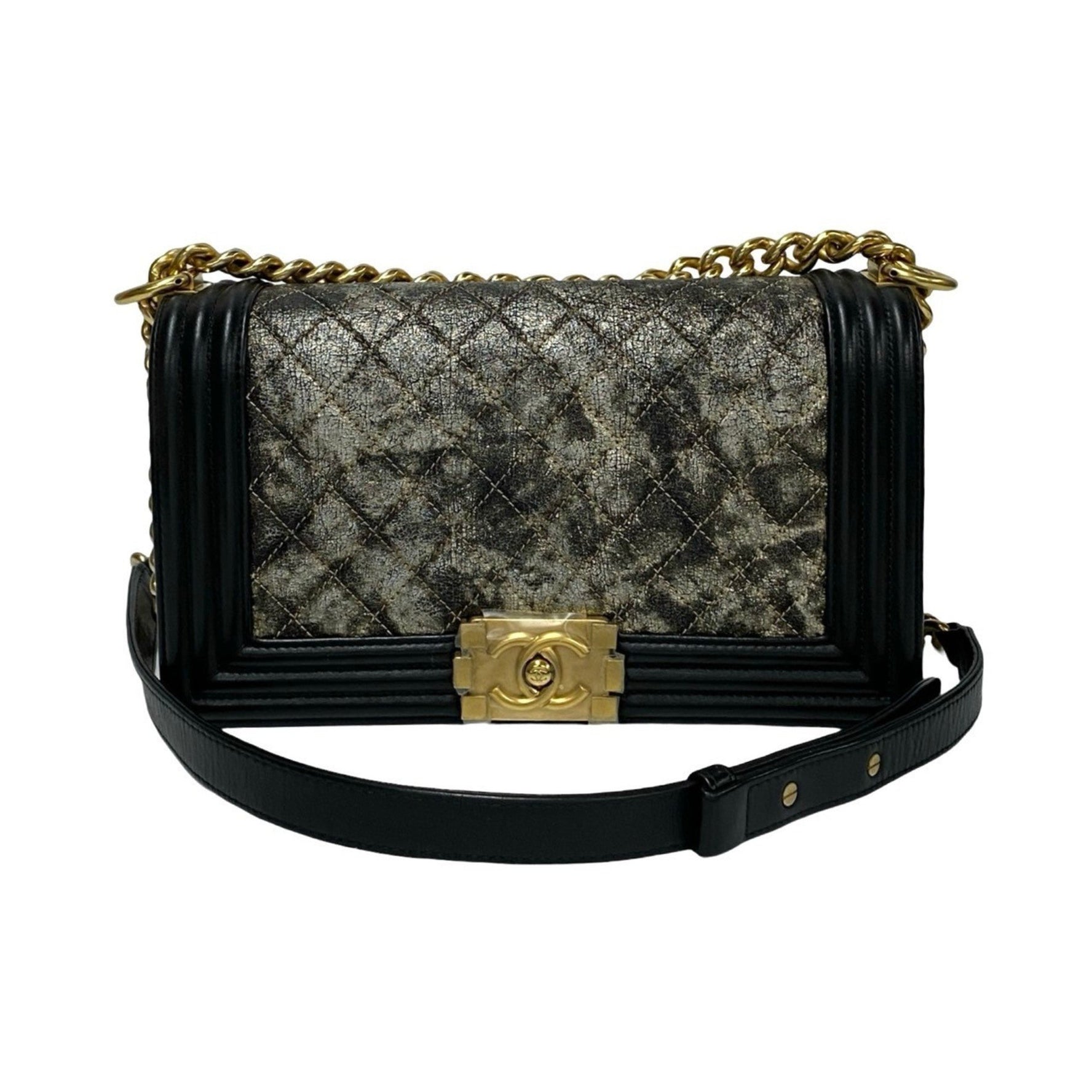 CHANEL Boy Quilted Metallic Leather Shoulder Bag in