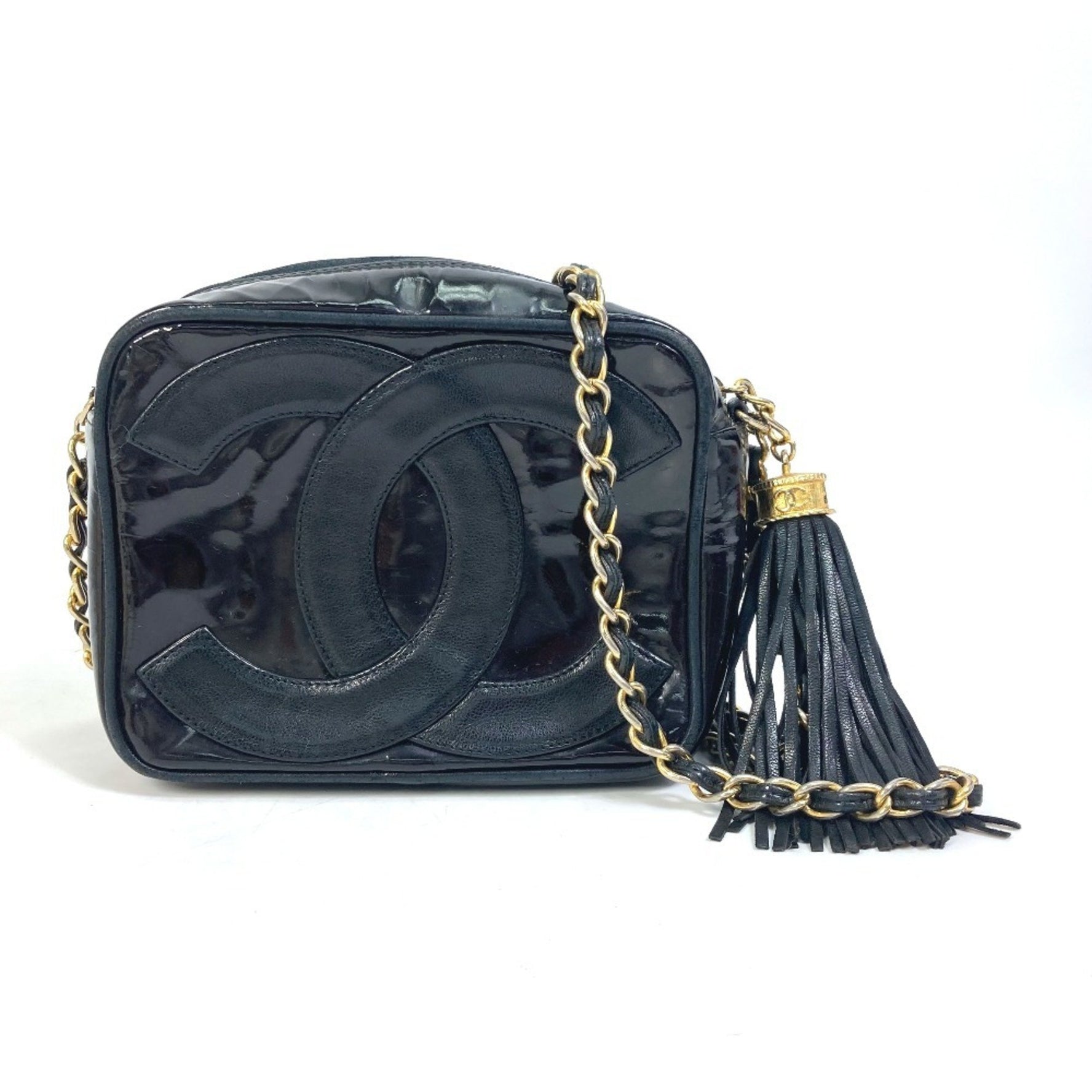 CHANEL CC Coco Mark Pochette Tassel Chain Shoulder Bag Patent Leather