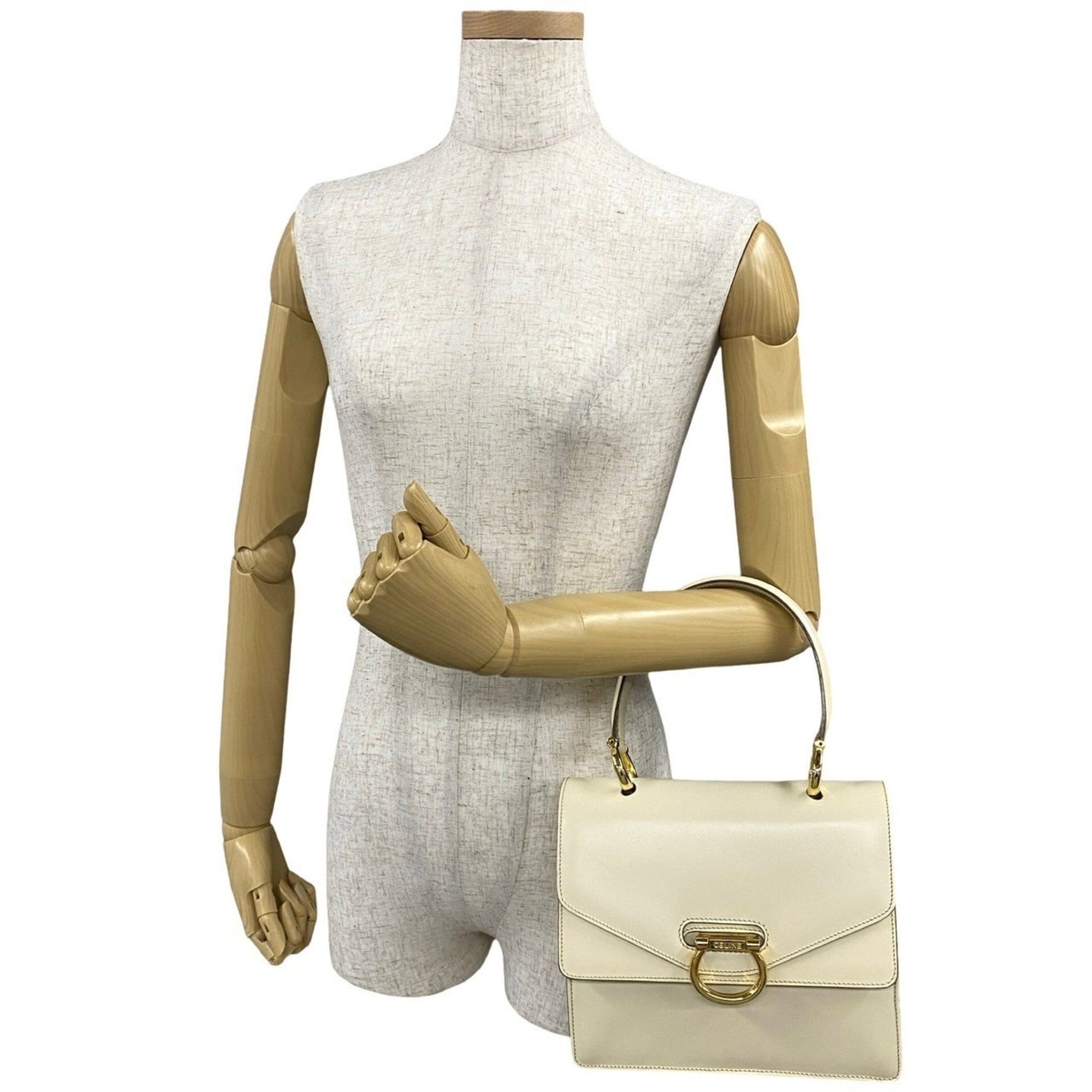 CELINE Vintage Gancini Logo Hardware Leather Handbag/Mini Tote Bag, Ivory