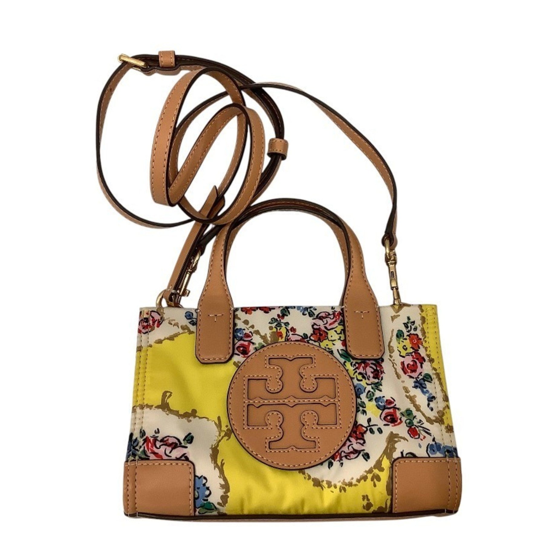 TORY BURCH Ella Micro Tote Bag Floral Flower Print Yellow Pochette JA-19992