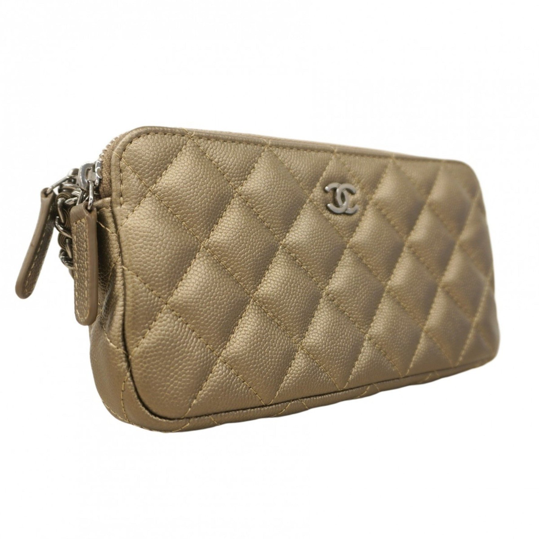 Chanel Matelasse Shoulder Wallet with Chain Bag in Caviar Leather and Metallic Khaki