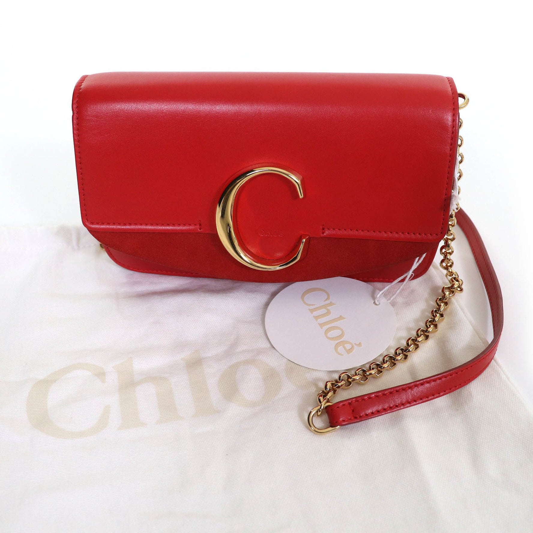 Chloé Chloe C logo suede leather and chain shoulder bag in red with gold hardware. Includes dust bag. Made Italy.