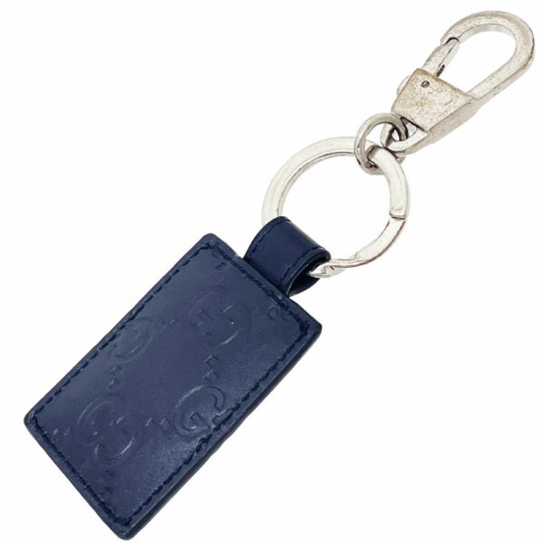 Gucci Keychain Signature Leather Keyring Calf Navy GUCCI GG Guccissima Shima Line Tag Key Hook Charm Bag SK-15314