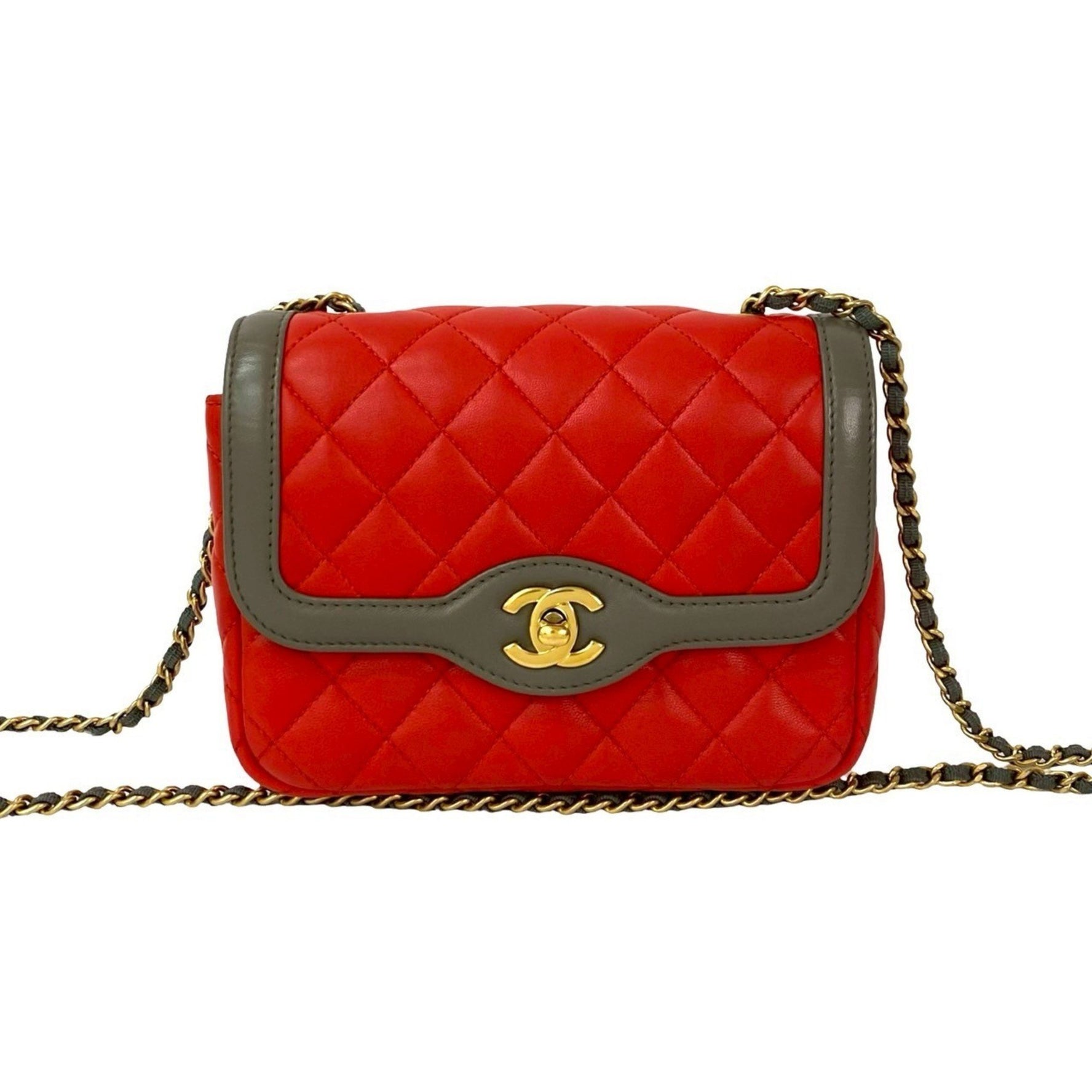 Unused, stored CHANEL Matelasse Coco lambskin chain shoulder bag in red and gray