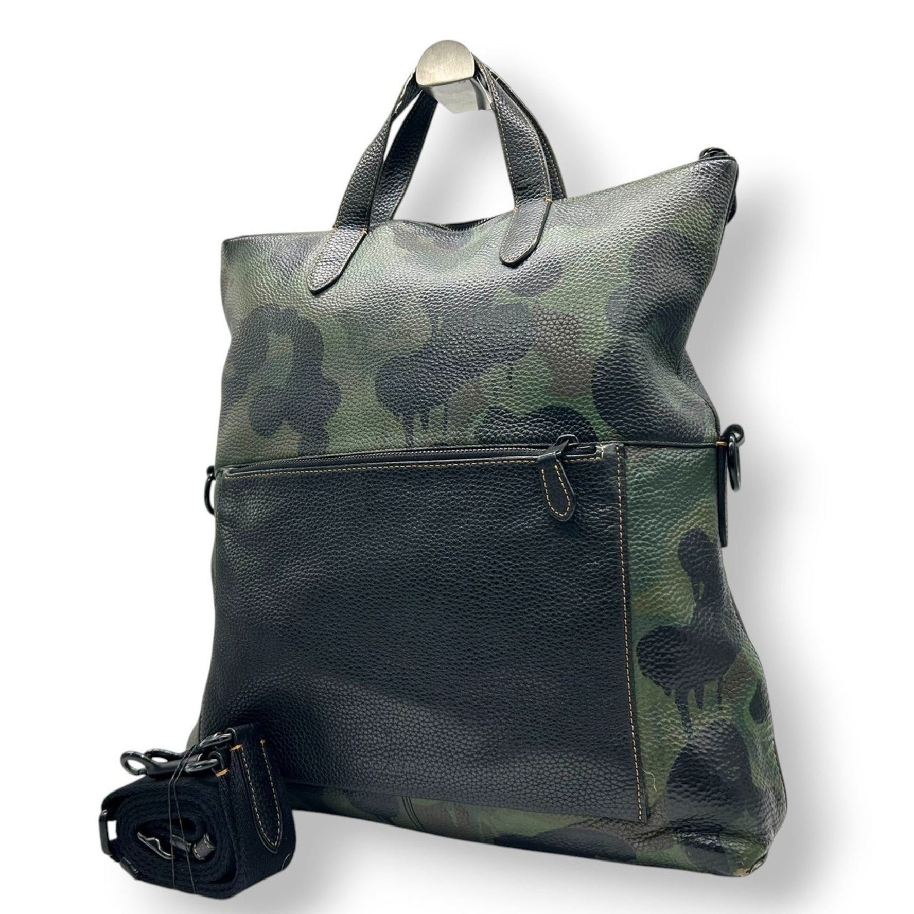 Coach Charles Foldover Tote Bag Shoulder Camouflage Leather Black Green Laptop Storage