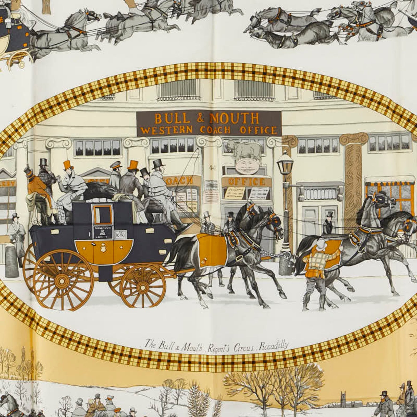 Hermes Hermès Calais 90 The Bull & Mouth Regents Circus Piccadilly Mail Coach Scarf, Blue Multicolor Silk