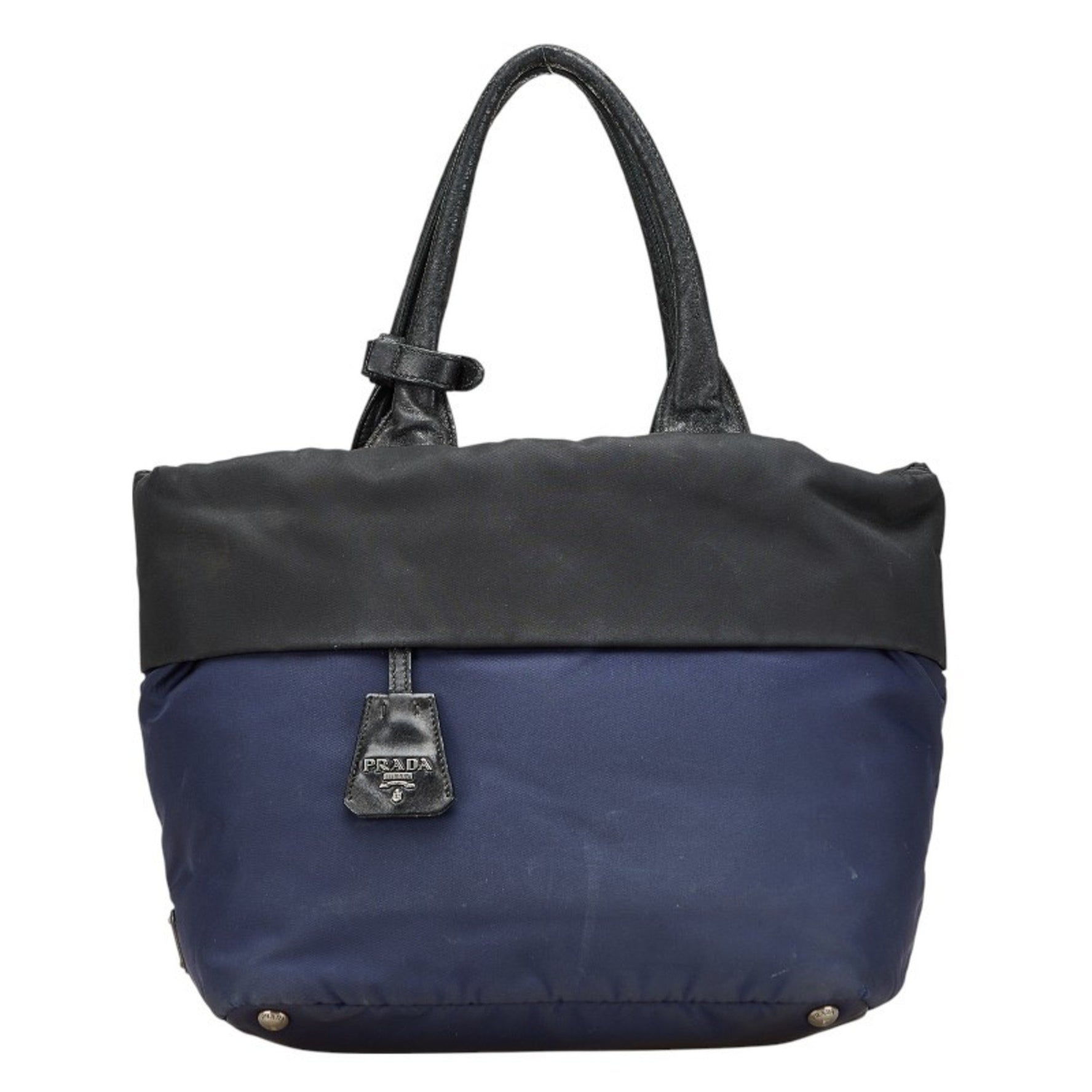 Prada Tessuto Double Triangle Logo Plate Handbag Tote Bag Navy Black Nylon Leather