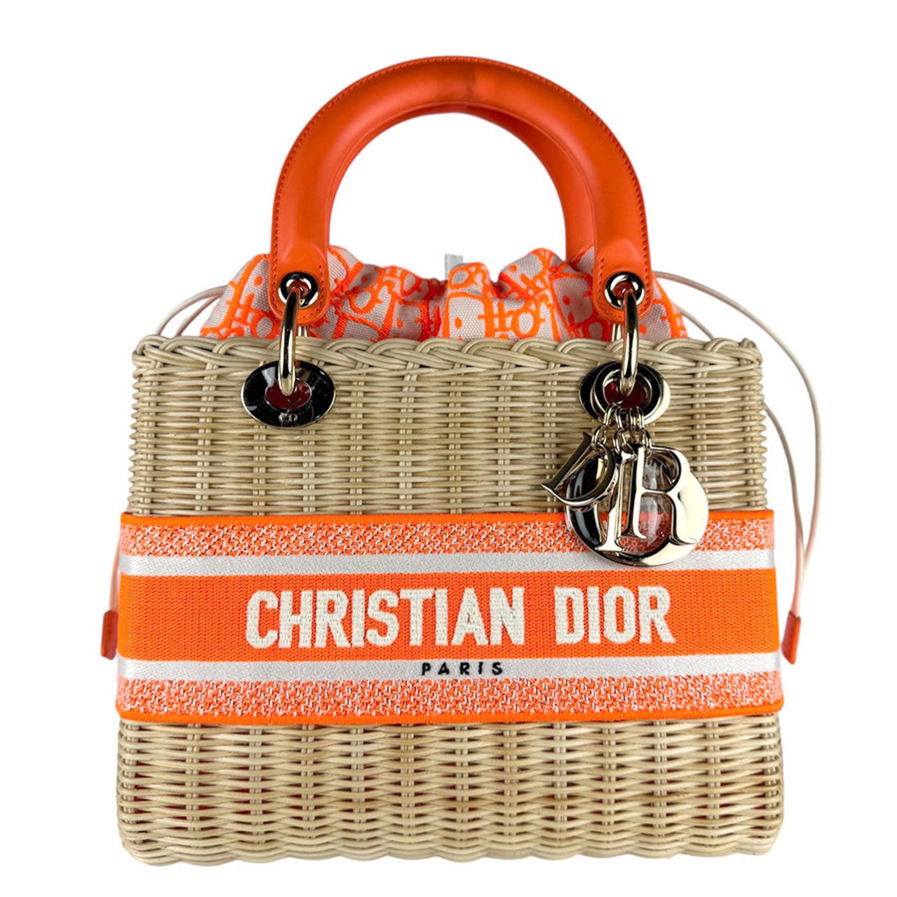 Christian Dior Lady Delight Handbag, Shoulder Bag, Basket Straw Leather Canvas, Neon Orange x Natural