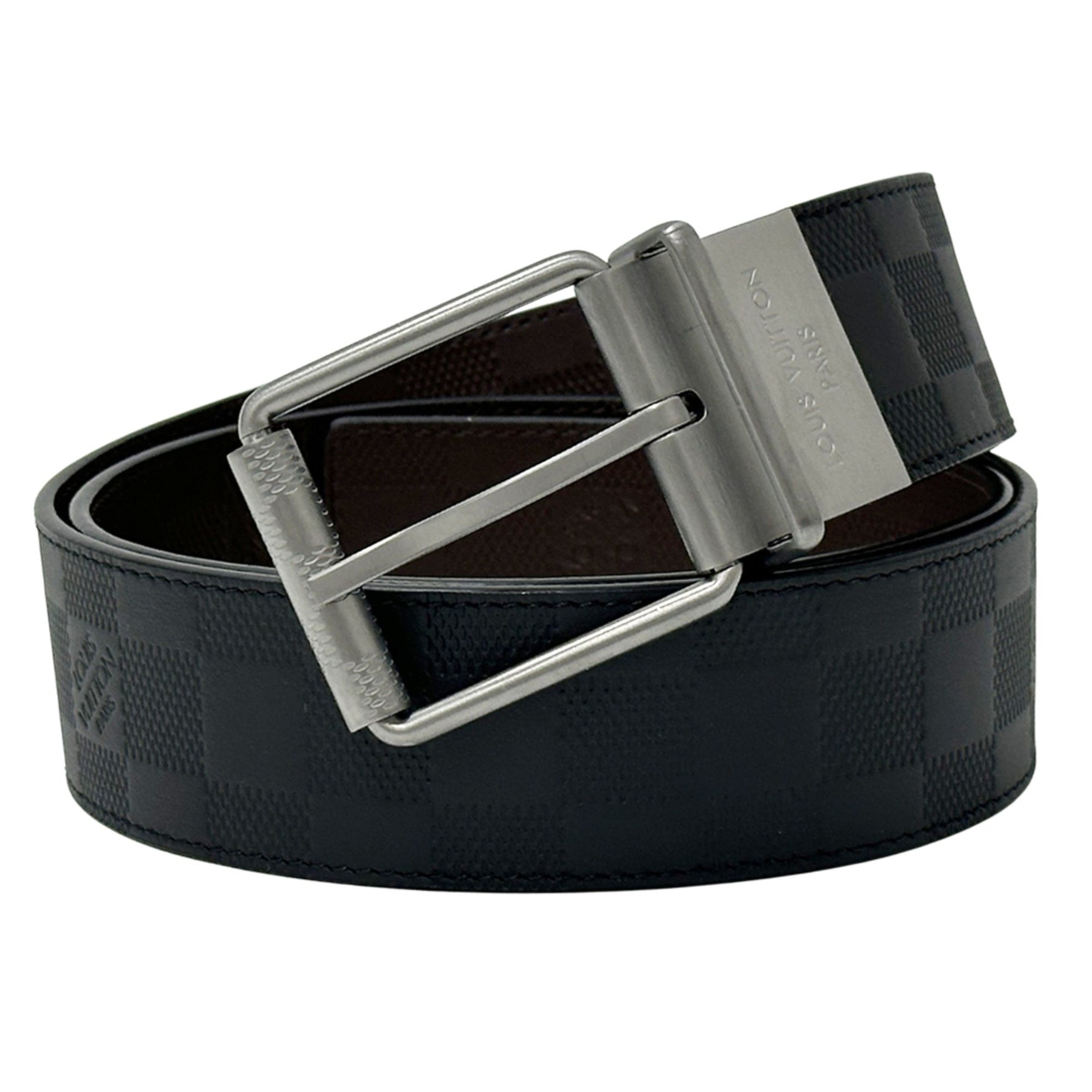 Louis Vuitton Damier Infini Leather Belt, Reversible, Onyx, Black, Red, Bordeaux, and Wine with Silver Hardware