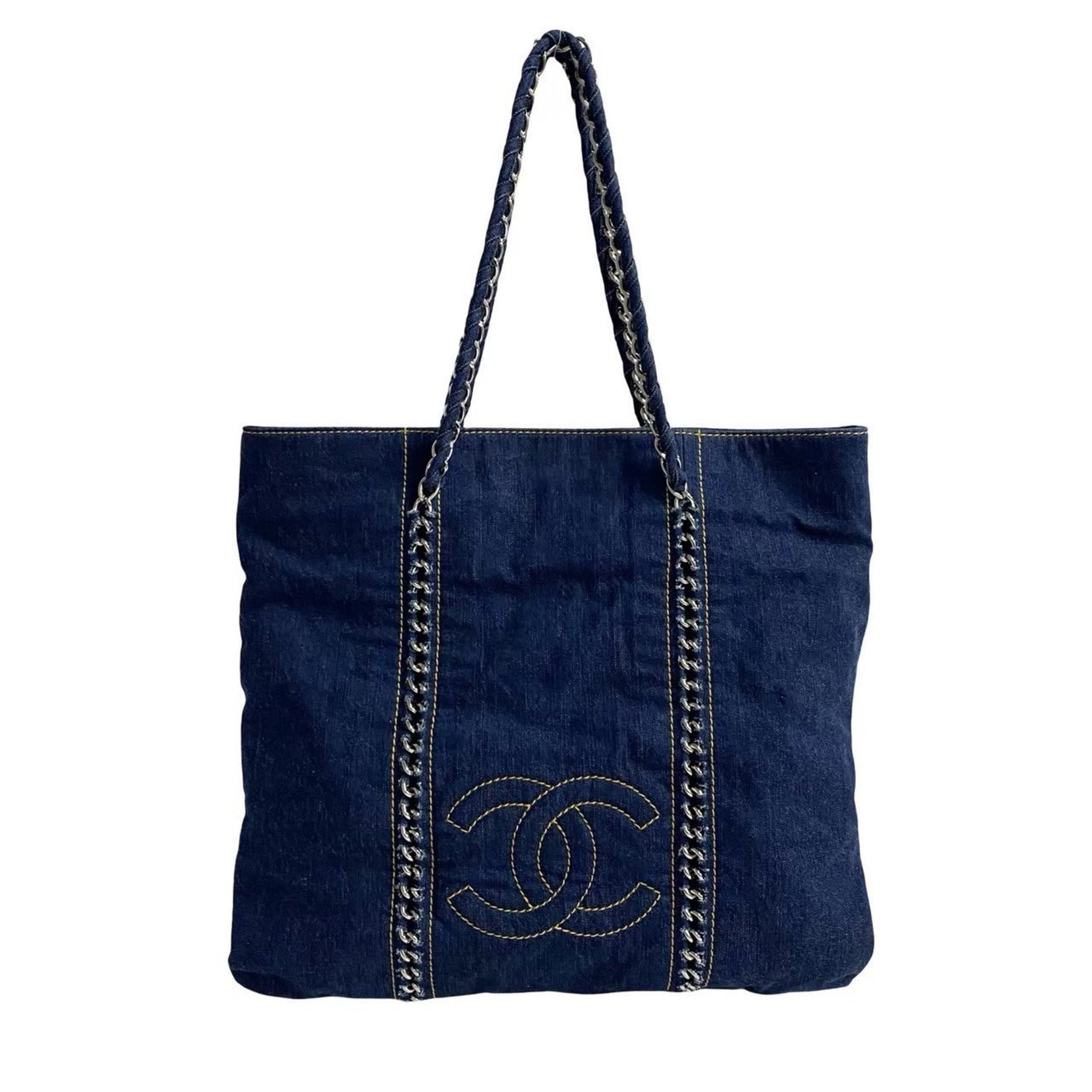 CHANEL Coco Mark Denim Chain Tote Bag, Semi-Shoulder Handbag