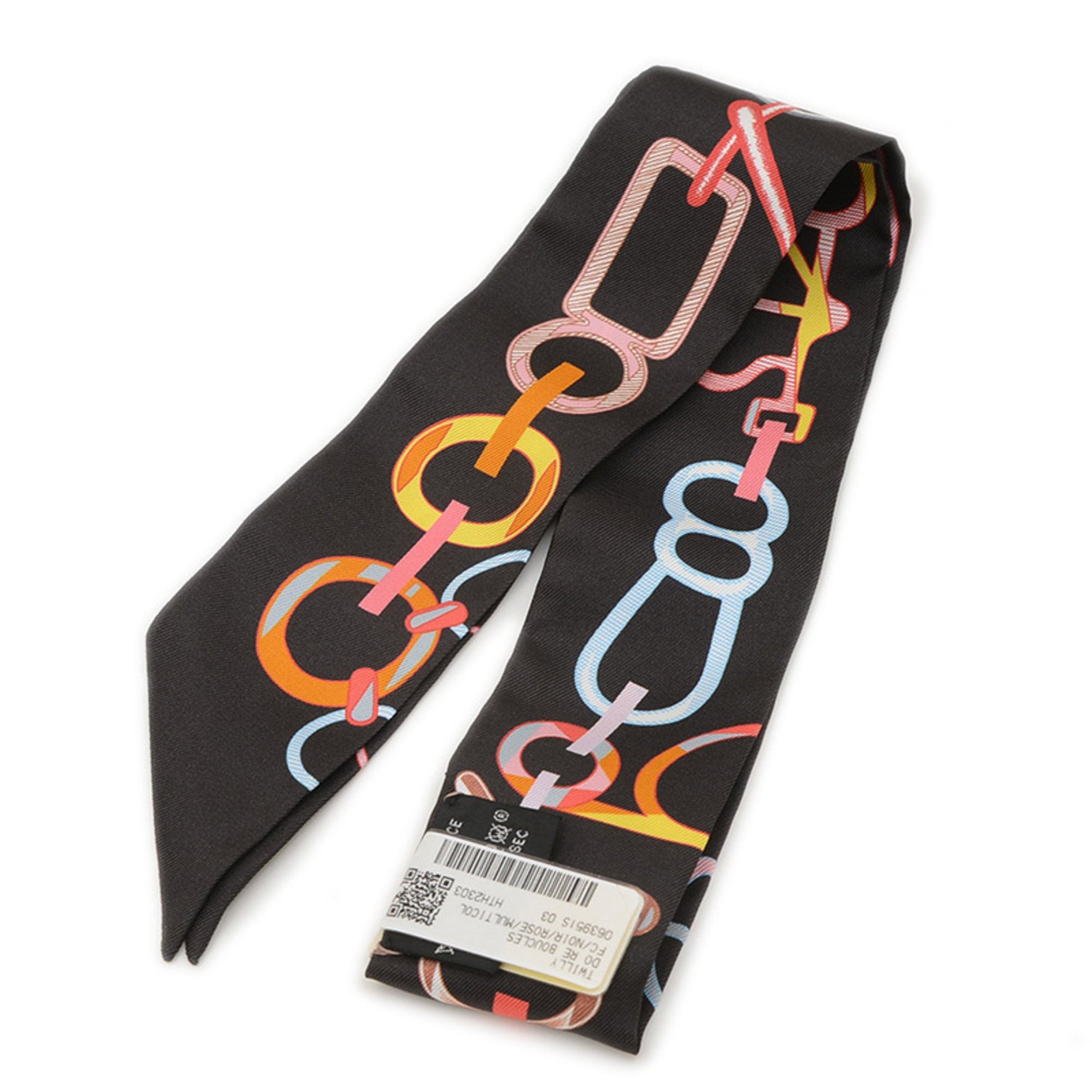 Hermes Twilly Scarf Muffler Do Re Boucles Noir Rose Multicolor Silk BP