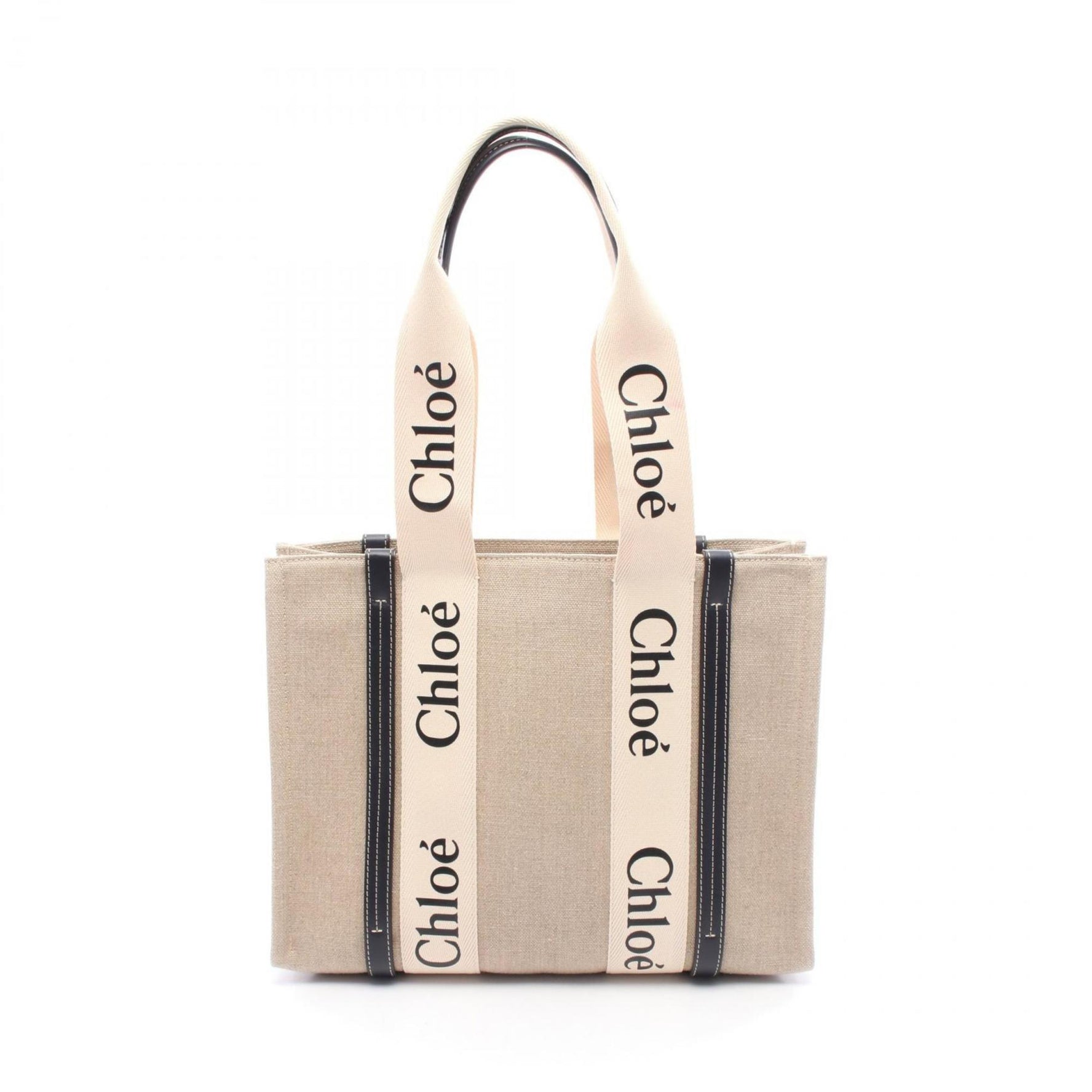 Chloé Chloe WOODY Medium Tote Bag, Canvas and Leather, Beige Black