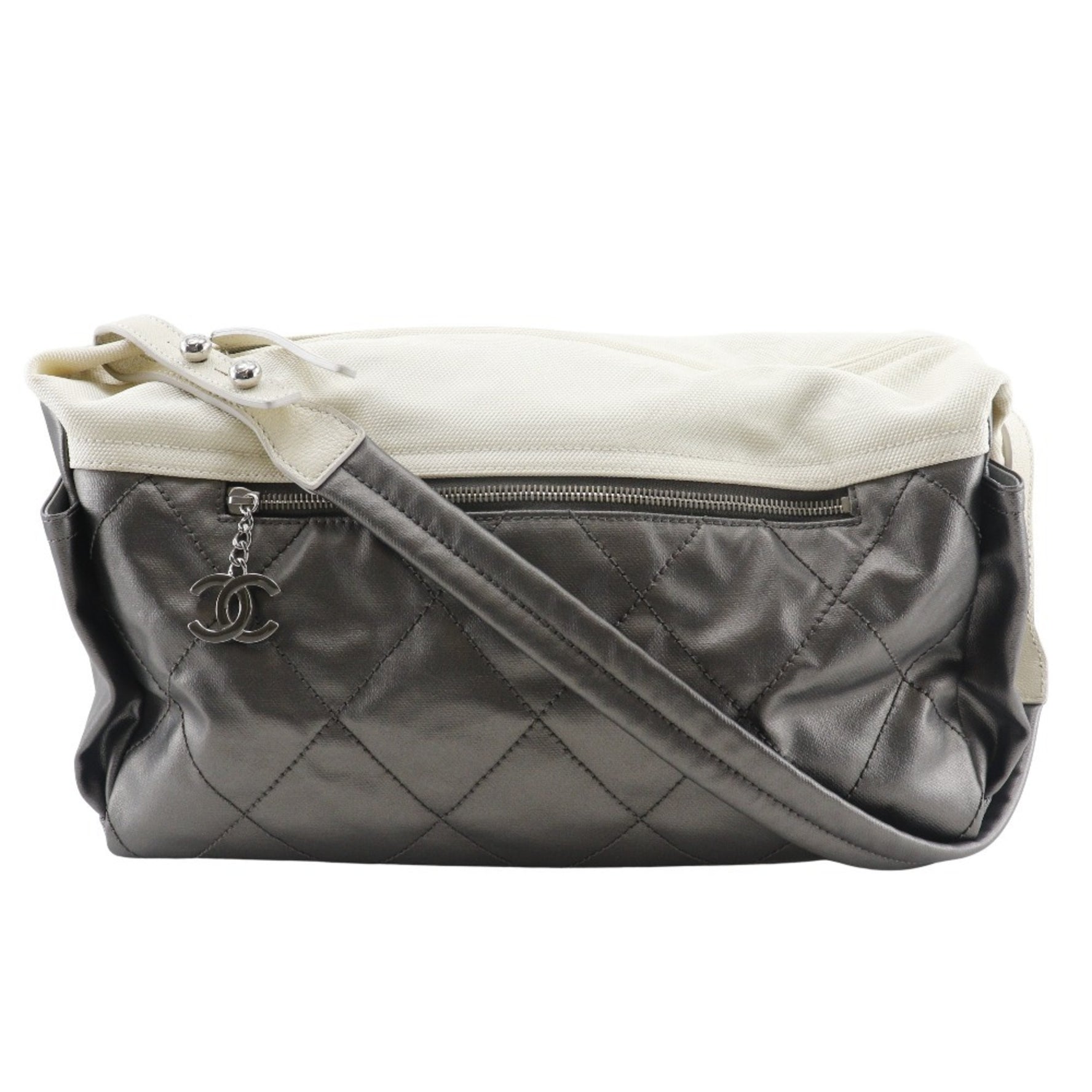 CHANEL Paris Biarritz Shoulder Bag Matelasse A34206 Coated Canvas Silver Women's