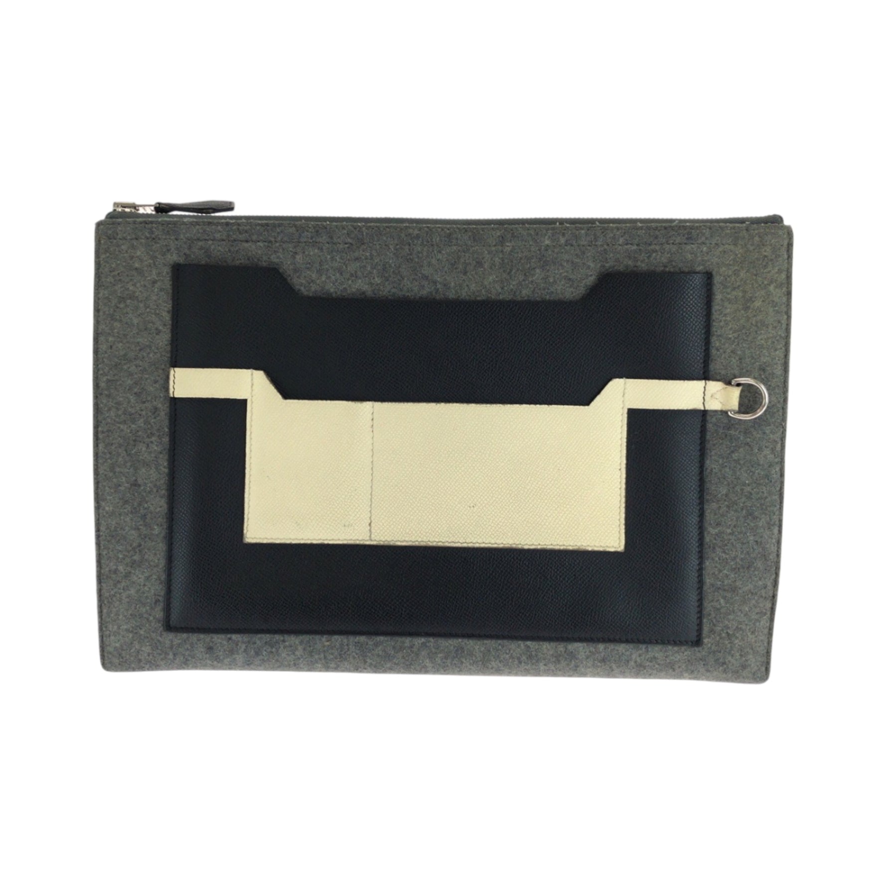 HERMES Toudou 37 Grey Black Ivory Silver Hardware Felt Epsom Leather Clutch Bag Second D Engraved