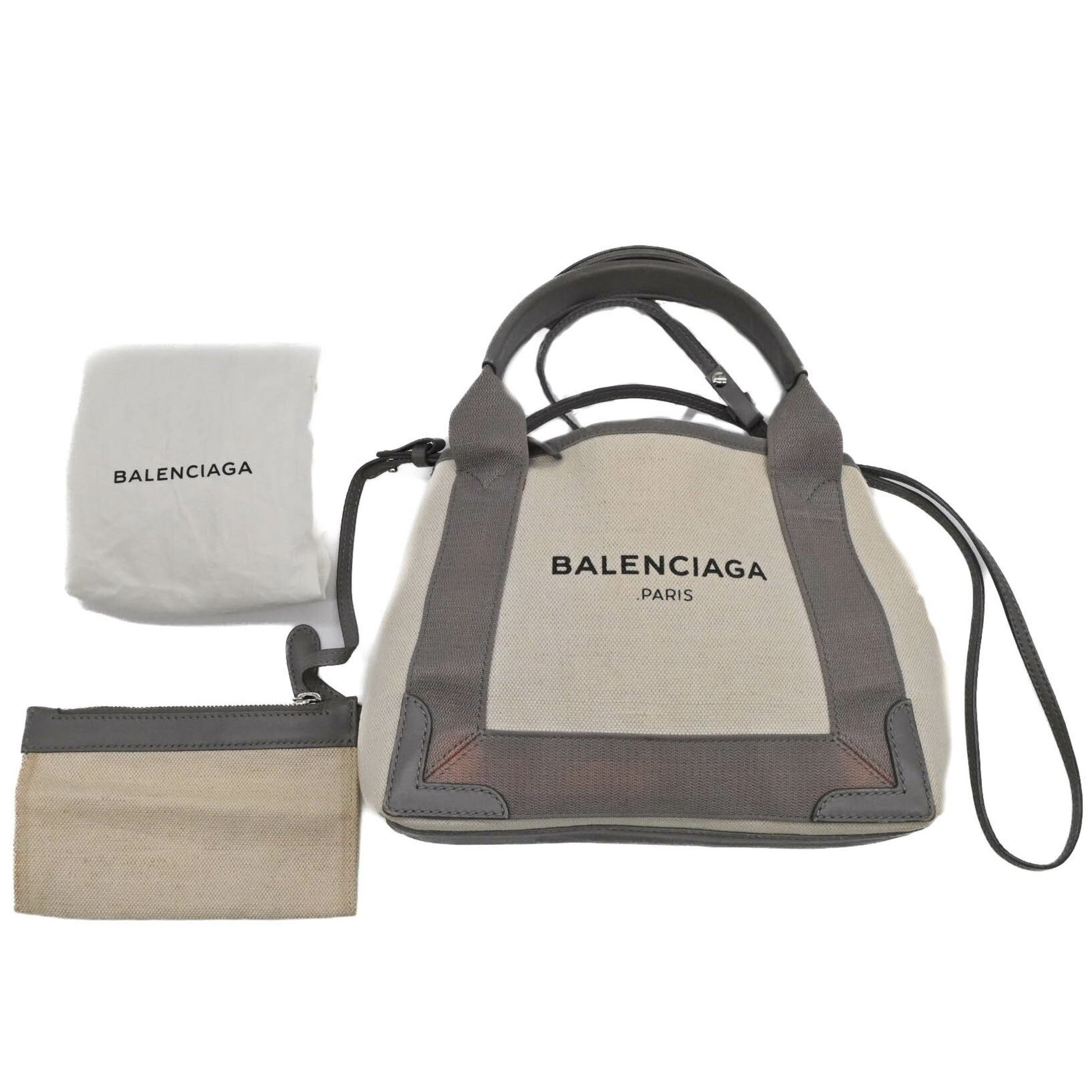 BALENCIAGA Navy Cabas XS Tote Bag Leather Canvas Women's Beige Grey