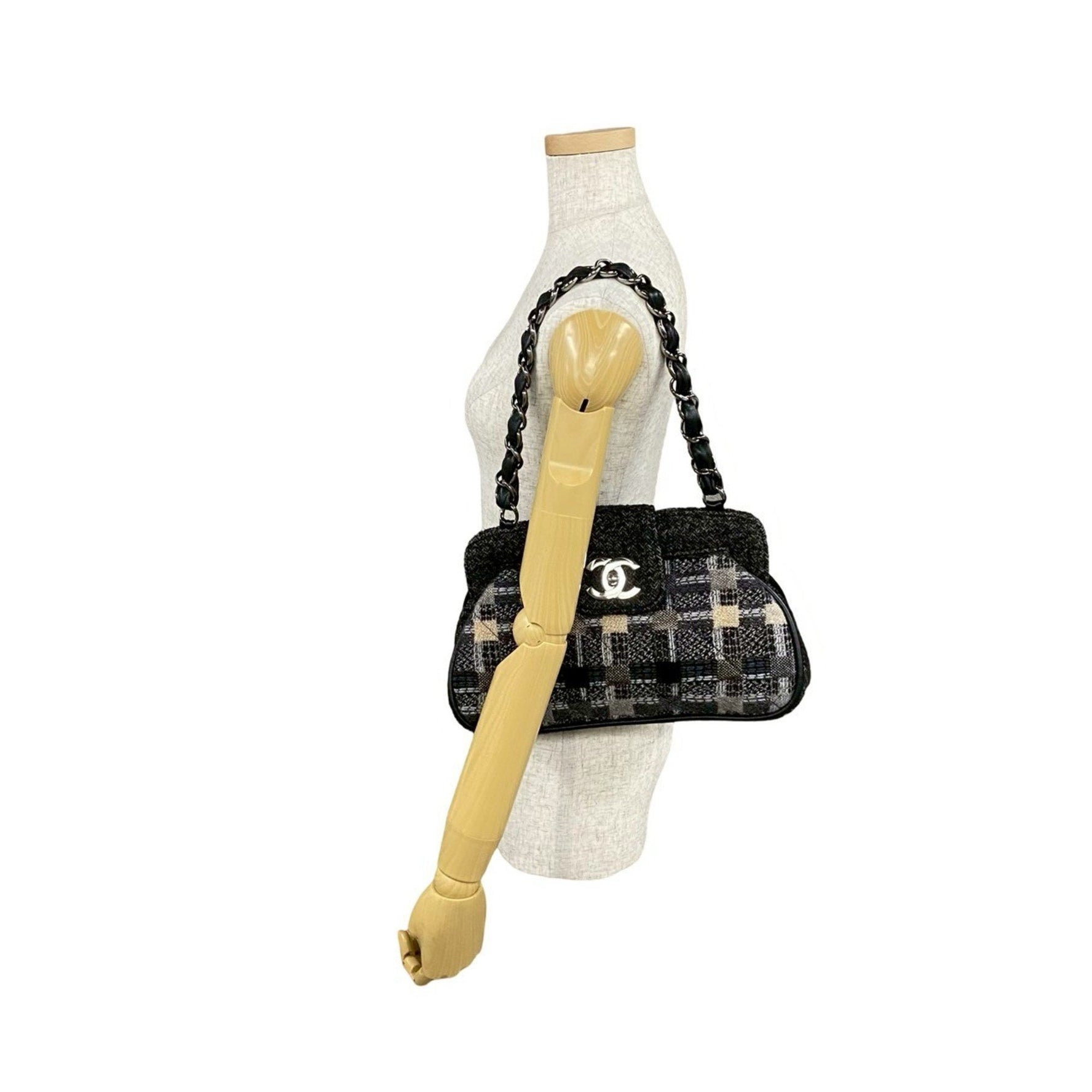 CHANEL Coco Mark Tweed Lambskin Chain Semi-Shoulder Bag Handbag Black