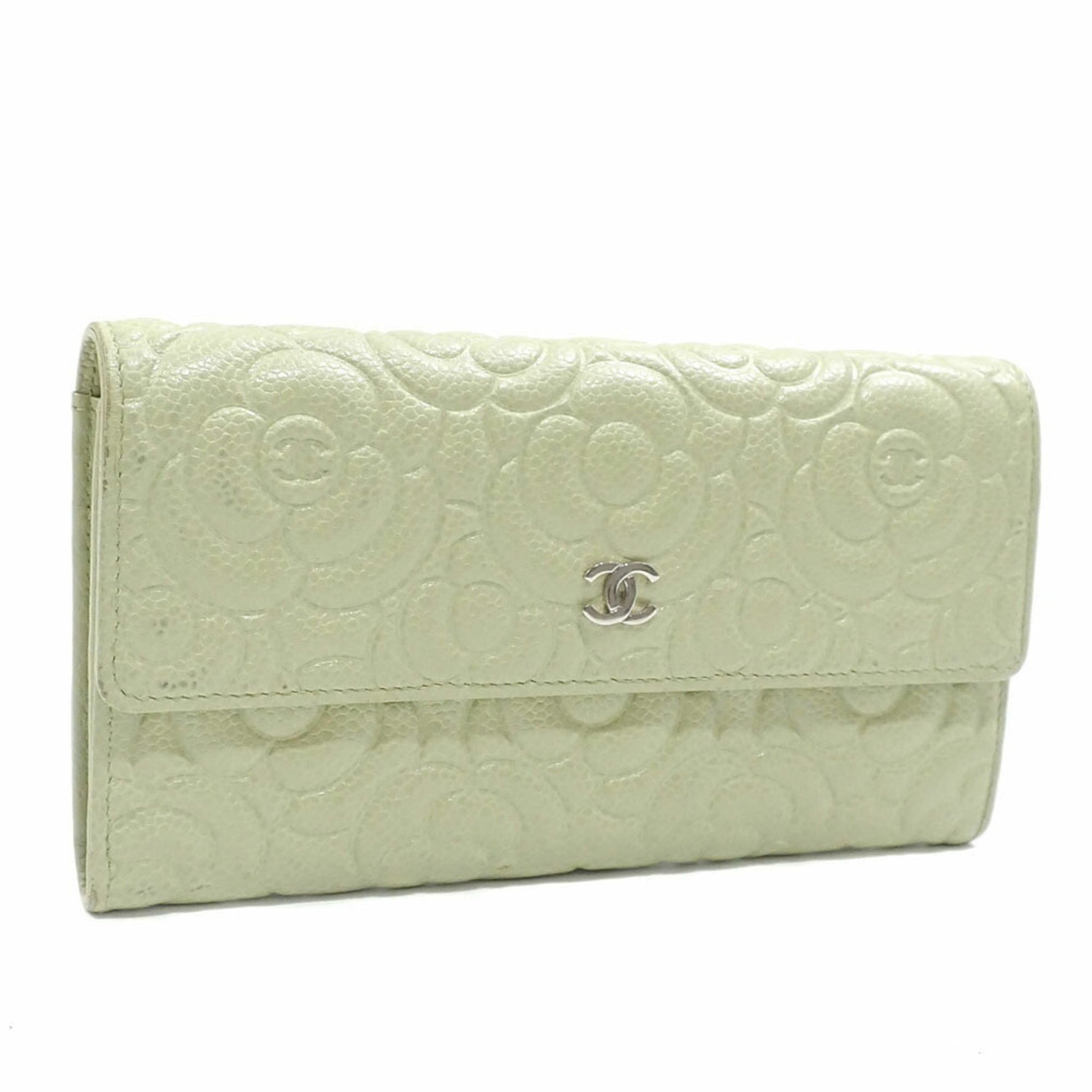 Chanel Camellia CC Bifold Long Wallet Light Green/Yellow-Green Grained Calfskin, Genuine Leather with Coco Mark