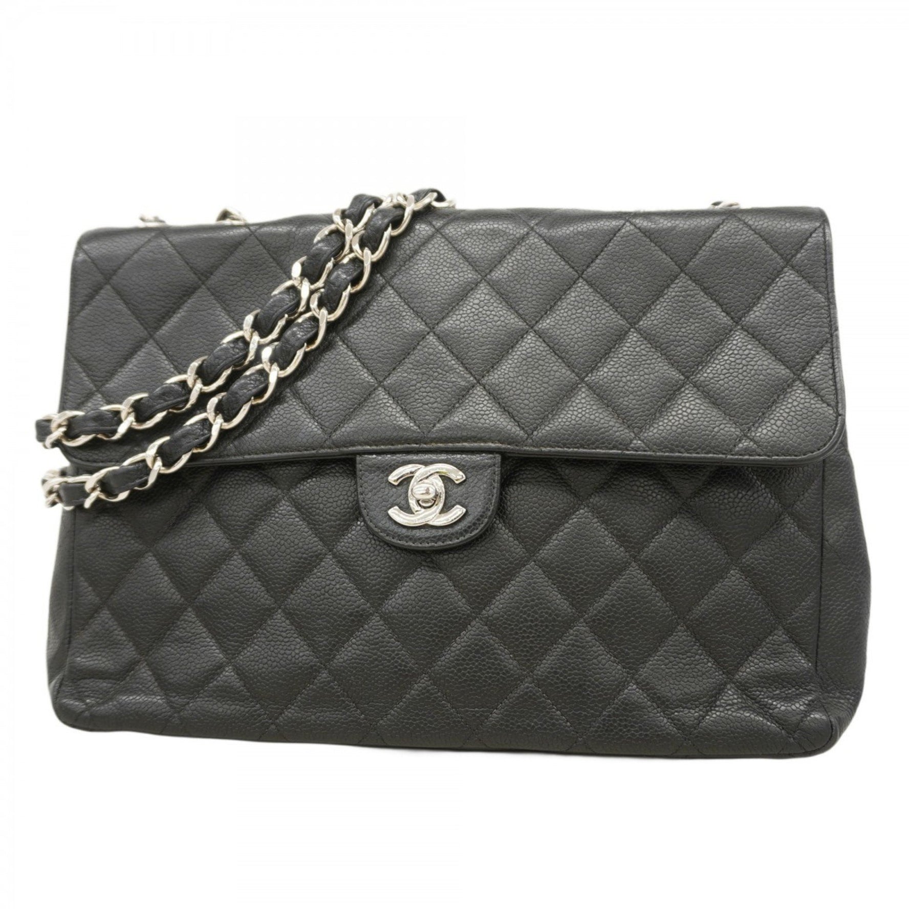 Chanel Shoulder Bag, Large Matelasse, Double Chain, Caviar Skin, Black, Women's
