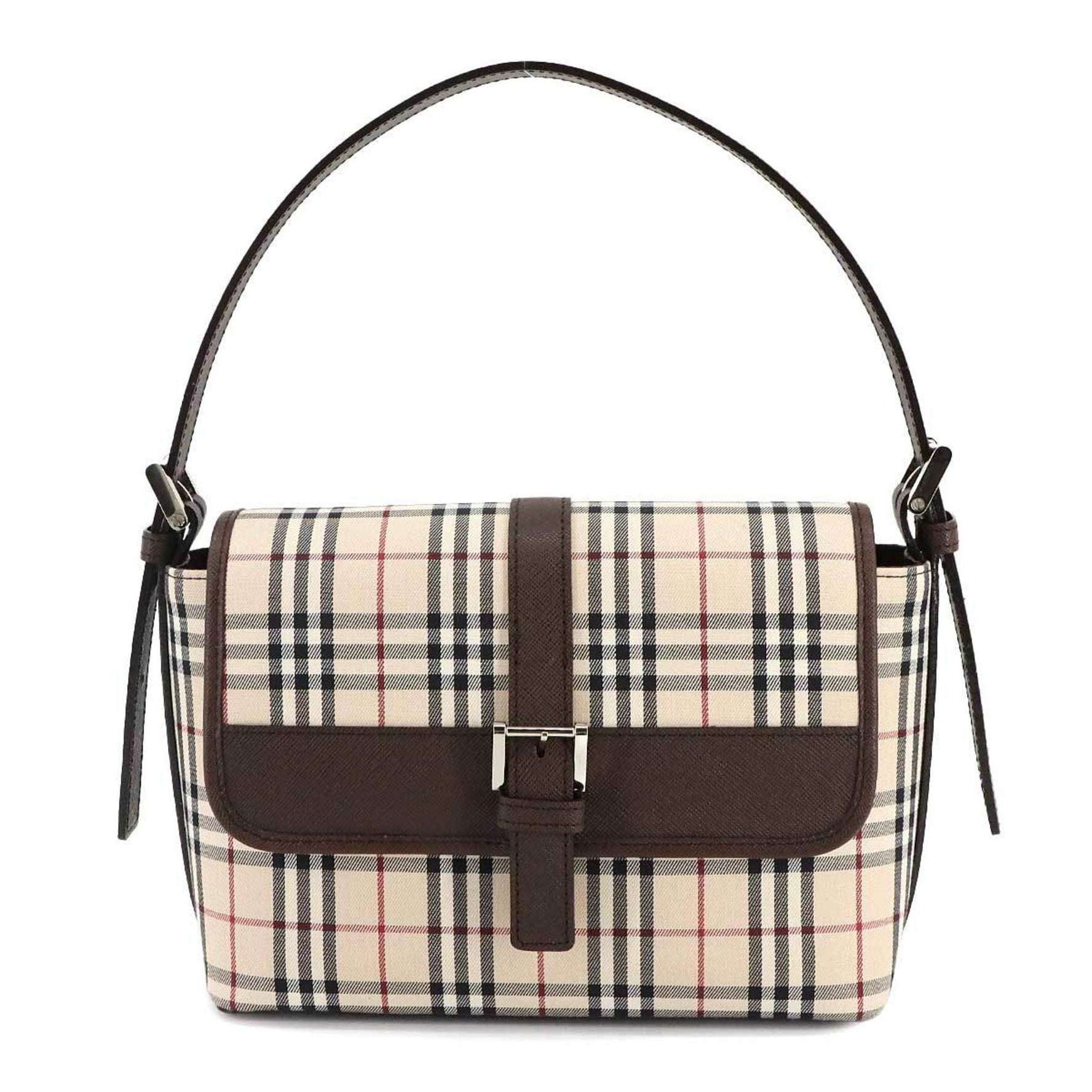 Burberry Nova Check Shoulder Bag in Canvas and Leather with Beige, Brown, Silver Hardware