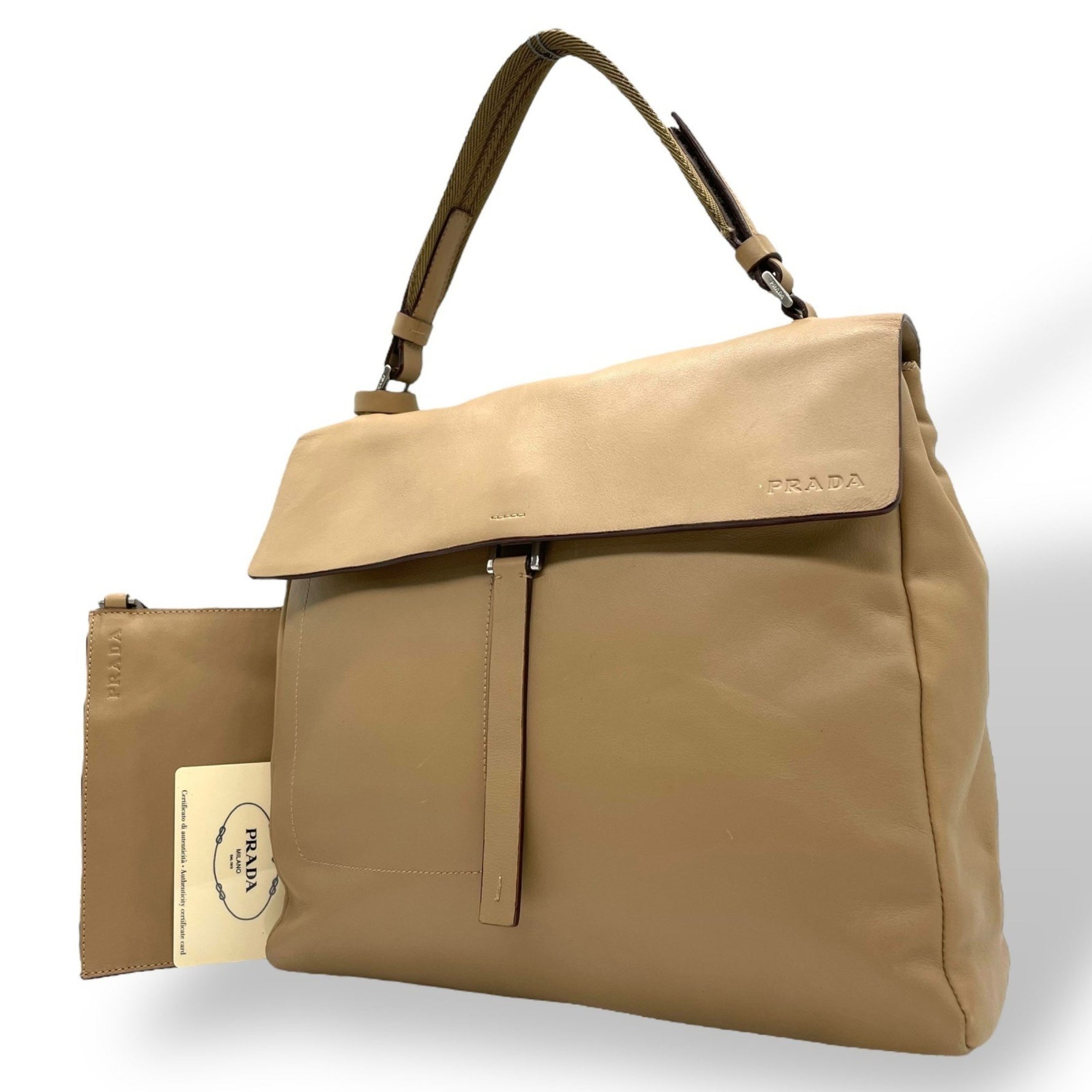 PRADA Prada handbag with pouch, B10397, beige leather silver hardware and embossed logo, women's, includes guarantee card, B4 00s archive