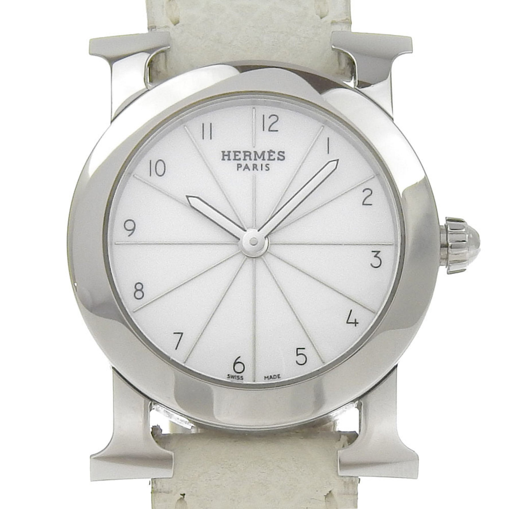 Hermes HERMES H Watch Rondo Wristwatch HR1.210 Stainless steel x embossed leather 2006 □J Quartz Analog display White dial Heure watch Ladies