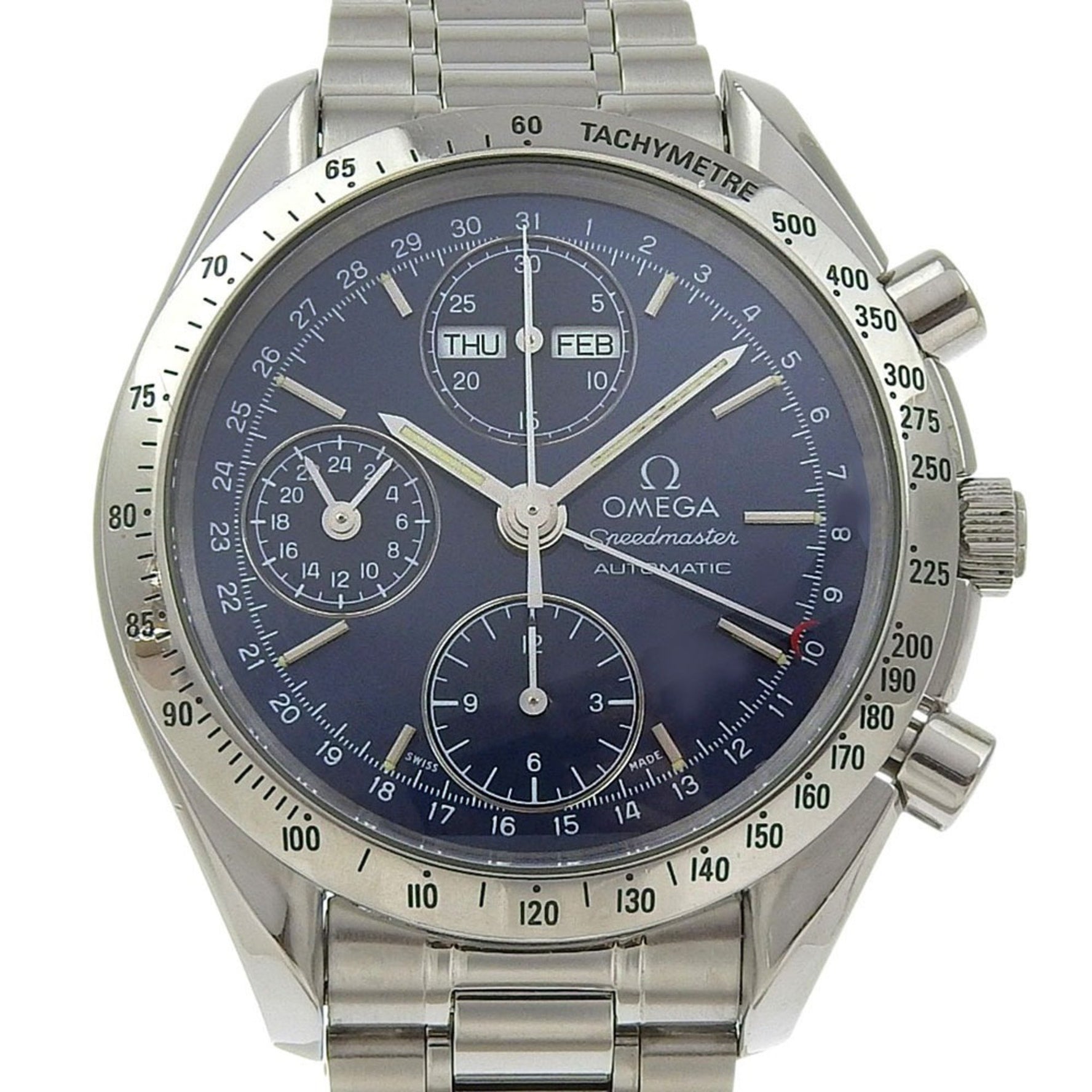 OMEGA Speedmaster Watch, Triple Calendar, Cal. 1151, 3521.80, Stainless Steel, 1995, Silver Automatic Chronograph, Navy Dial