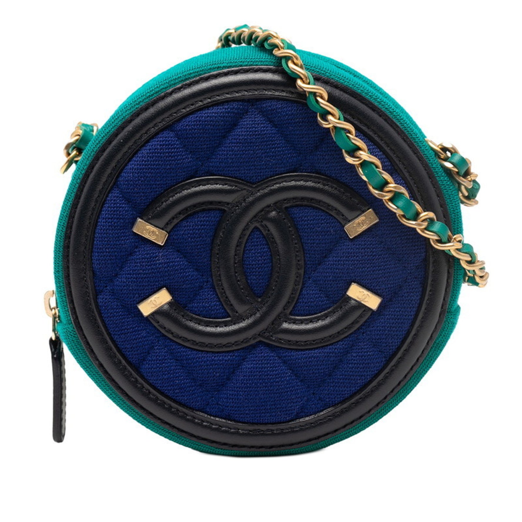Chanel CC Filigree Coco Mark Round Chain Shoulder Bag Green Blue Black Cotton Leather