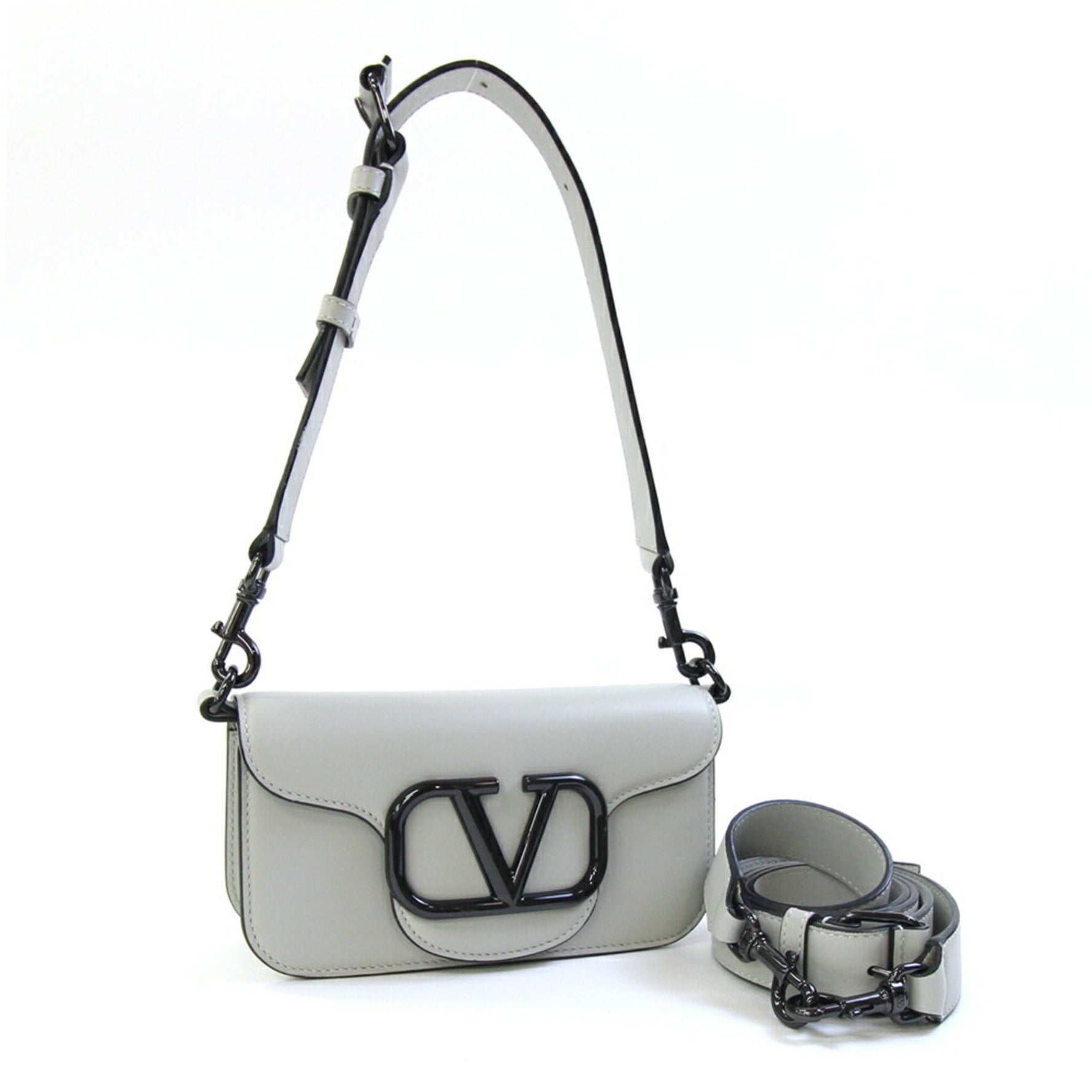 Valentino Garavani Rocos Small Shoulder Bag in Light Gray Leather with Pochette