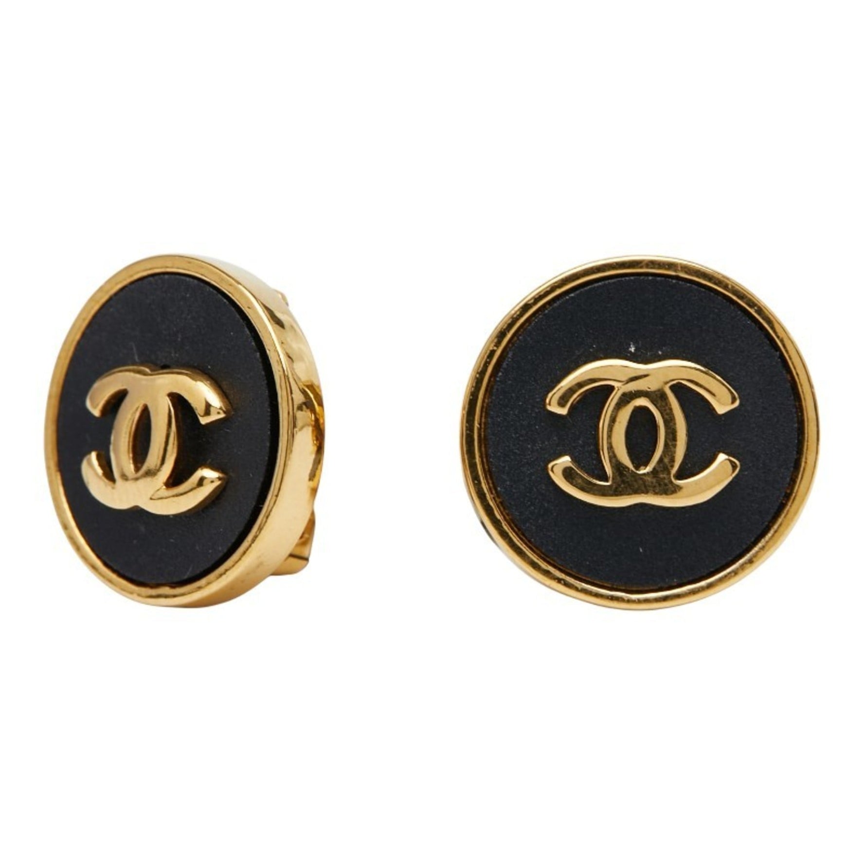 Chanel Coco Mark Round Earrings in Gold and Black Plated Leather